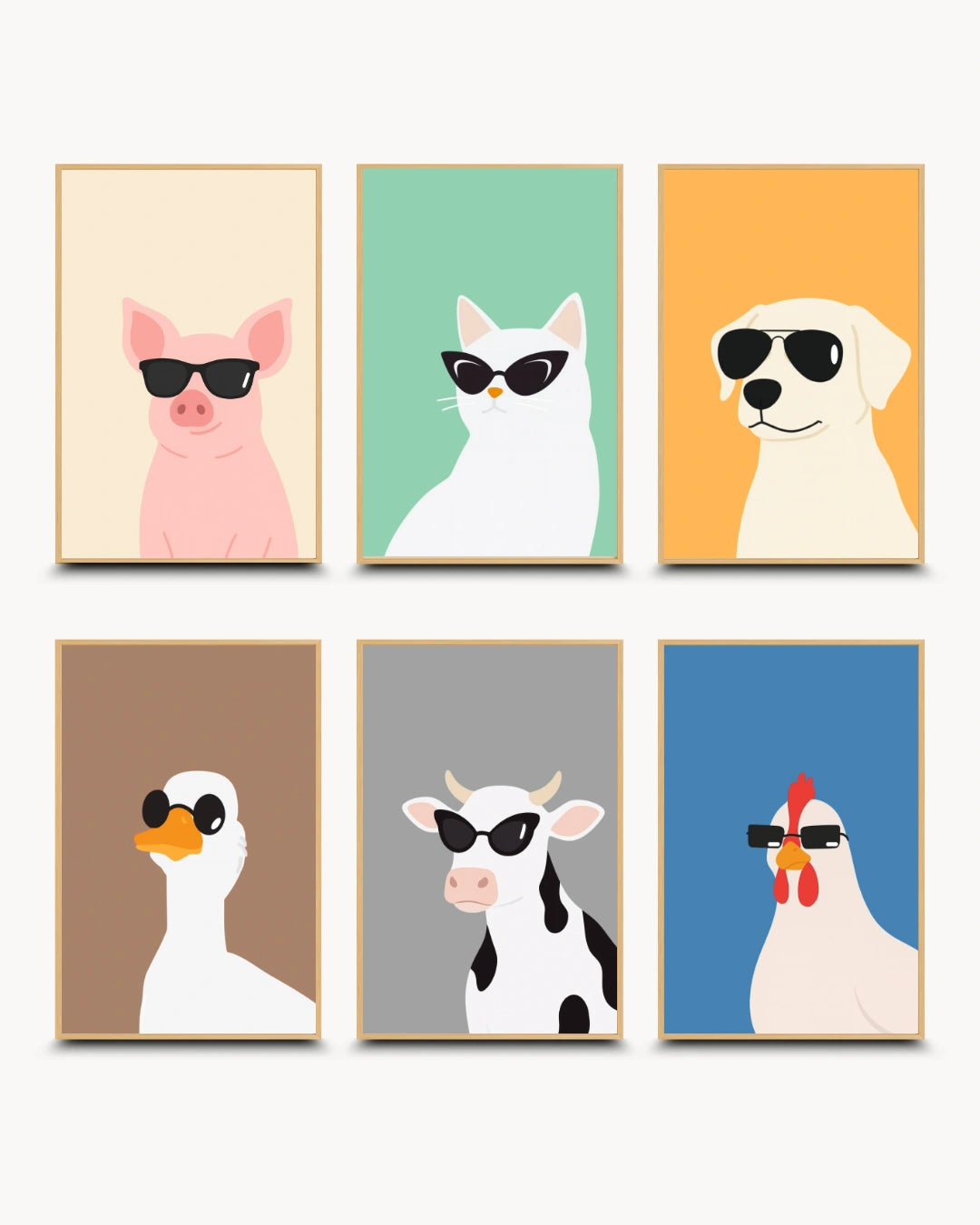 Six framed animal art prints arranged in two rows on a light background. The prints show stylized animals wearing sunglasses: a pink pig, a white cat, a cream dog, a white duck, a black-and-white cow, and a white chicken, each on a different solid background color.