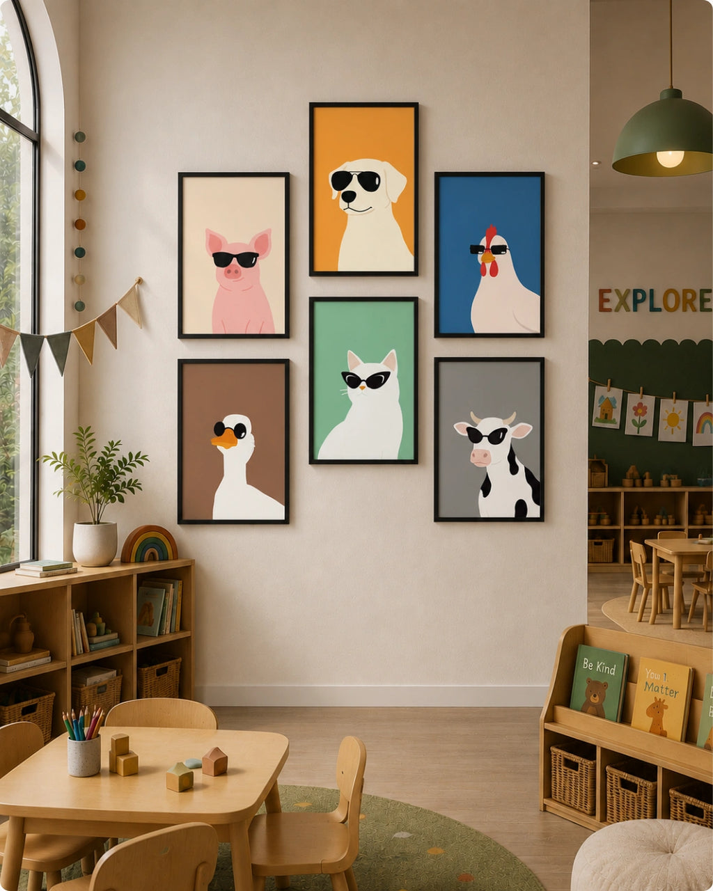 A set of six framed wall art prints with colorful cartoon animal illustrations wearing sunglasses, displayed on a beige wall in a children's classroom setting.