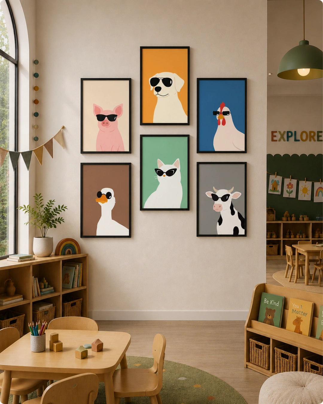 A set of six framed wall art prints with colorful cartoon animal illustrations wearing sunglasses, displayed on a beige wall in a children's classroom setting.