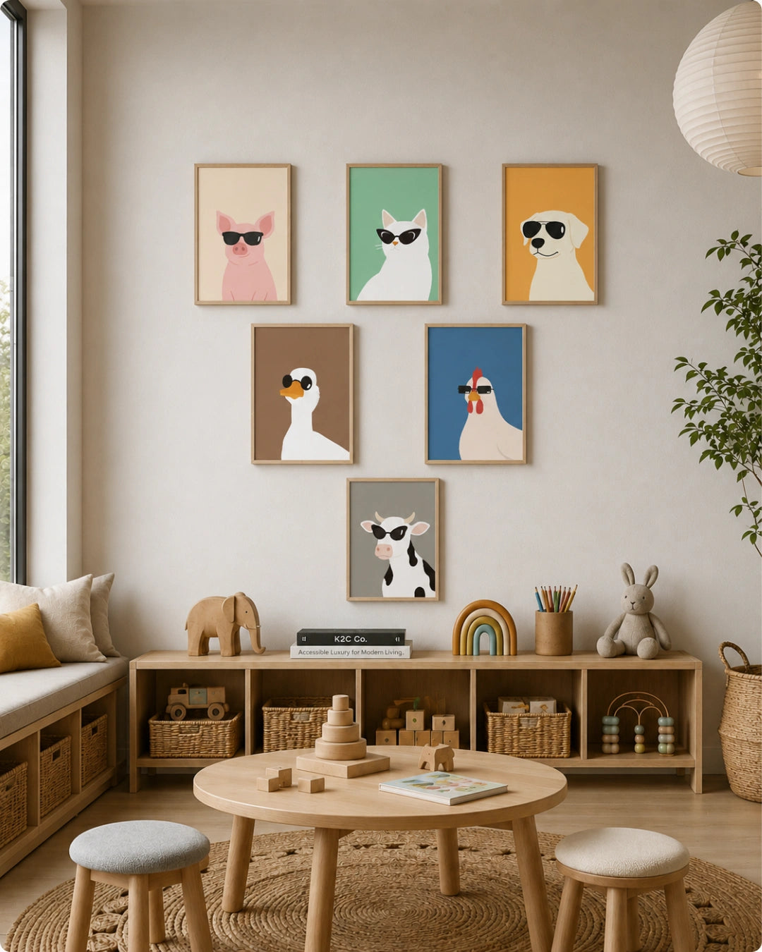 Lifestyle mockup of the farm animals wall art set in maple frames displayed in a scattered arrangement above a small wooden kid table and stools.