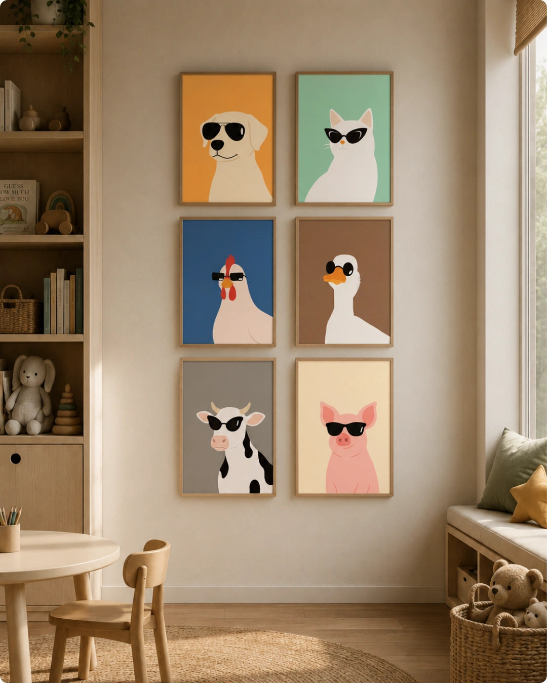 Lifestyle mockup of the farm animals wall art set in walnut frames styled in a horizontal line above a wooden toy shelf.