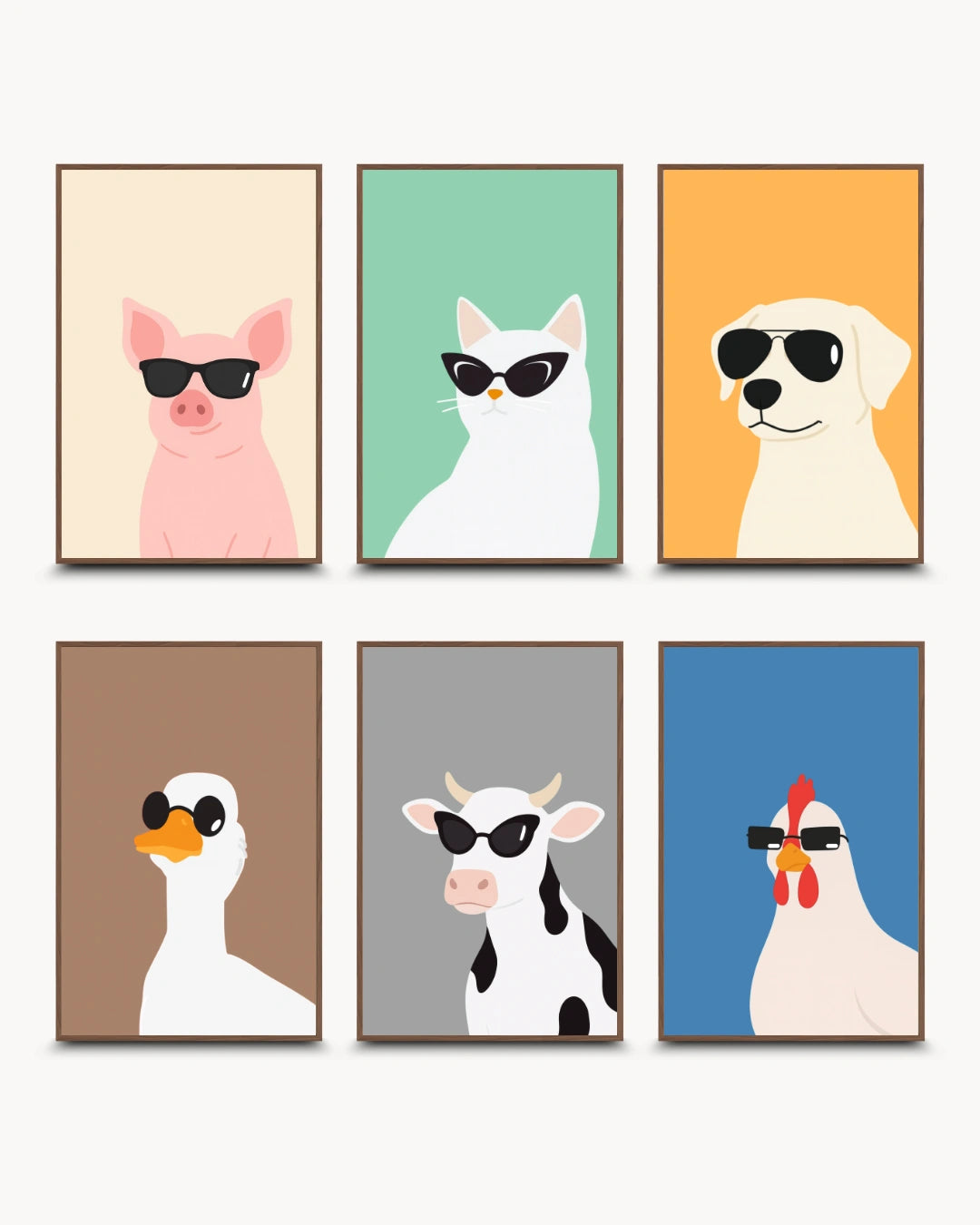 Six framed animal art prints arranged in a 2x3 grid on a light background. The prints show stylized animals wearing sunglasses: a pink pig, a white cat, a cream dog, a white duck, a black-and-white cow, and a white rooster, each on a different solid background color.
