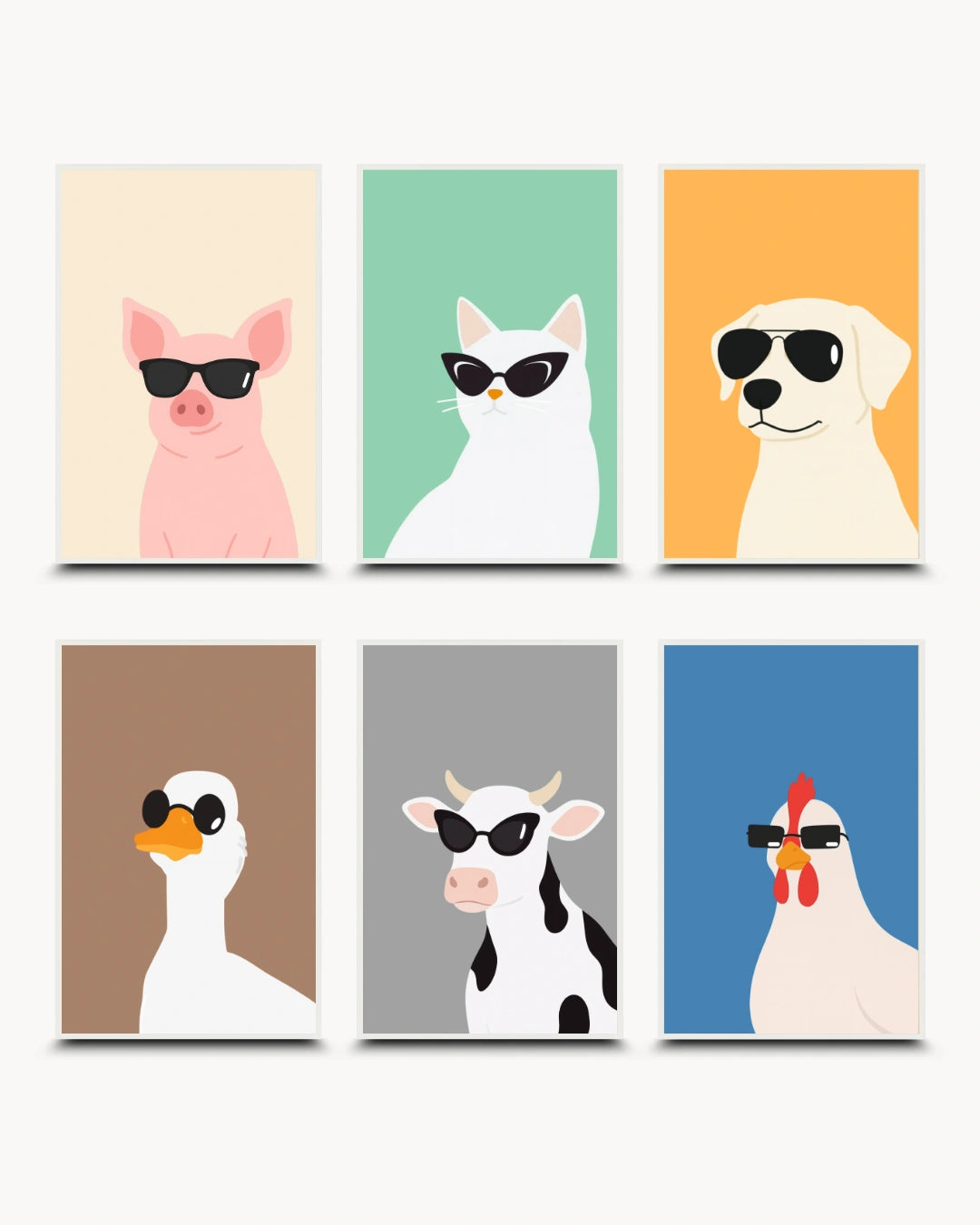 Six minimalist animal art prints arranged in a 2x3 grid, each showing a different animal wearing black sunglasses: a pink pig, a white cat, a cream dog, a white duck, a black-and-white cow, and a white rooster, on pastel and saturated solid backgrounds.