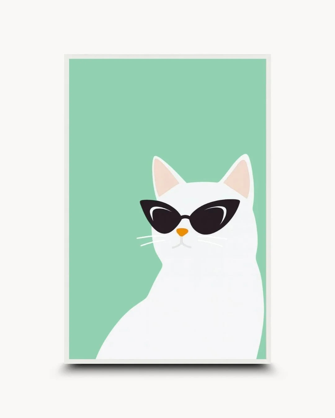 Playful: Farm - Cat art print in a Moon White frame. Clean, humorous white cat icon with sunglasses for minimalist nurseries or eclectic living spaces.