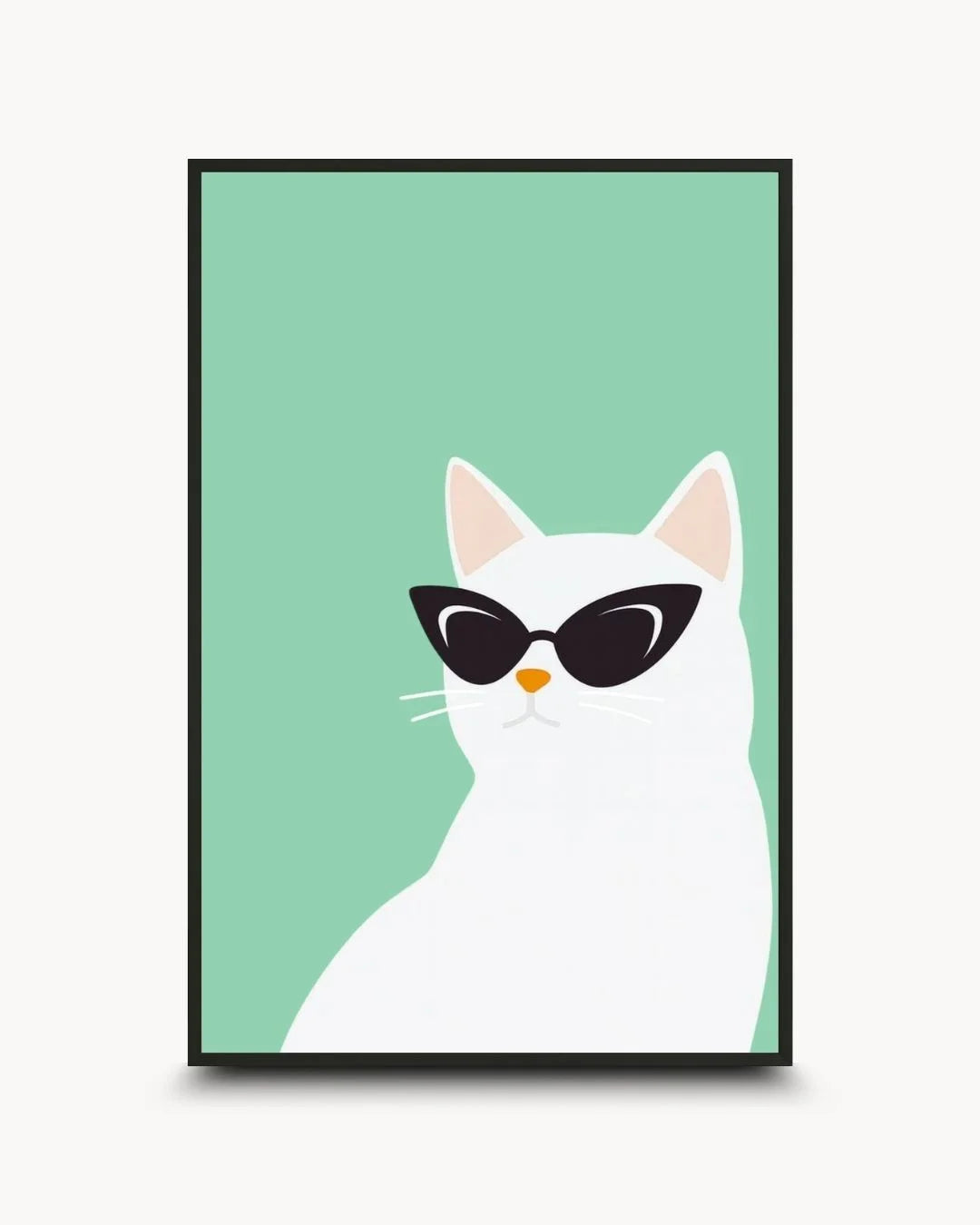 Minimalist illustration of a white cat wearing black cat-eye sunglasses on a mint green background in a 0.5-inch Noir Black frame. Fun, quirky animal wall art.