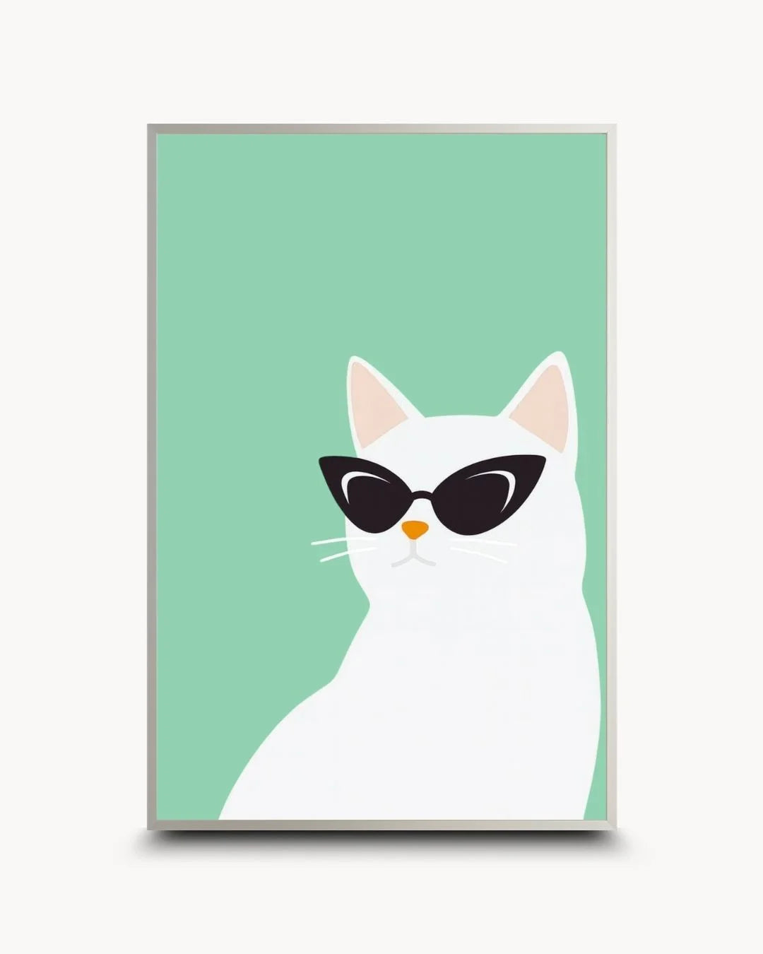 Modern minimalist cat with sunglasses art in a sleek Satin Silver frame. Sophisticated, humorous feline wall art for urban homes.