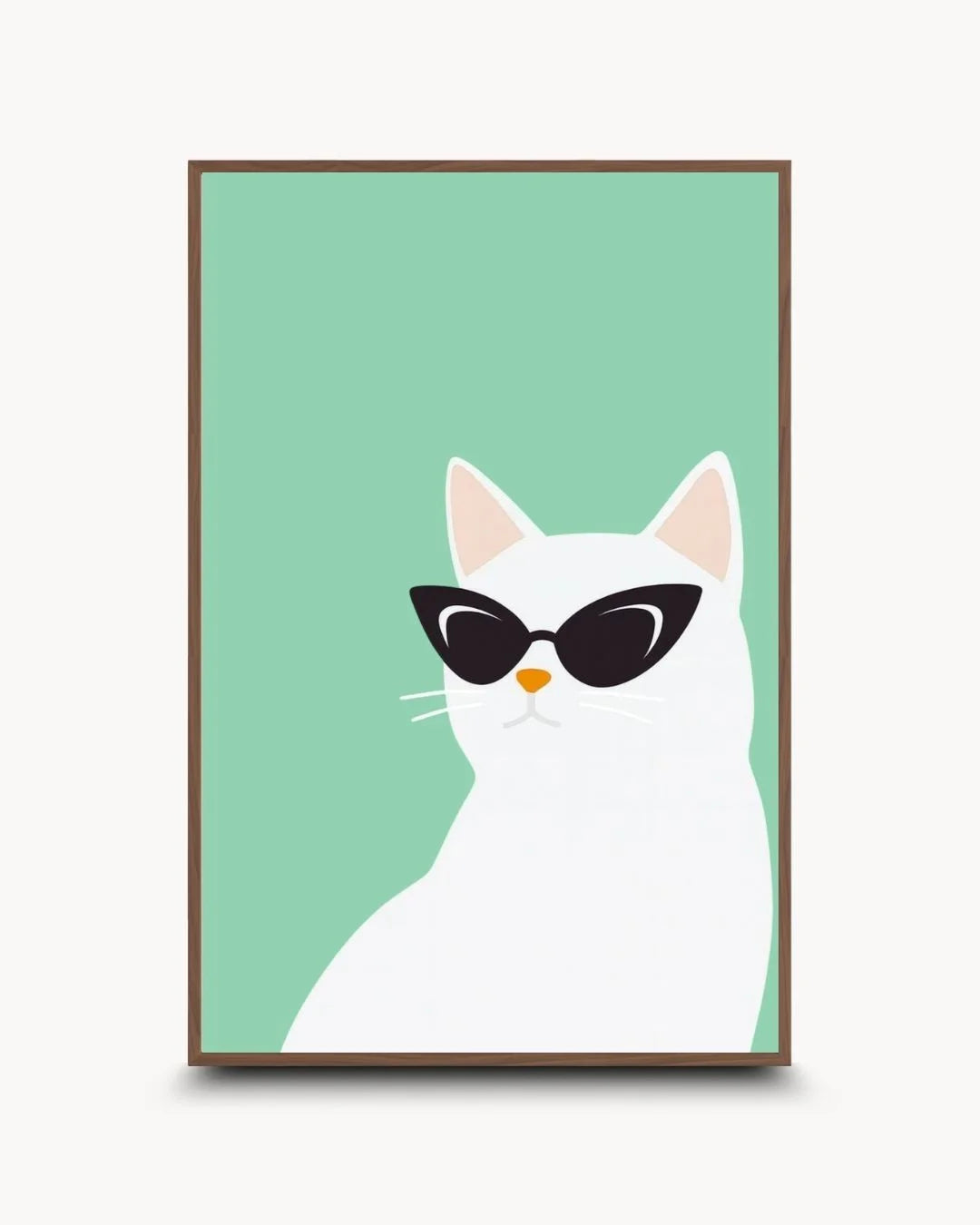 Humorous cat wearing sunglasses illustration in a sophisticated Walnut Wood frame. High-contrast quirky animal art for modern interiors.