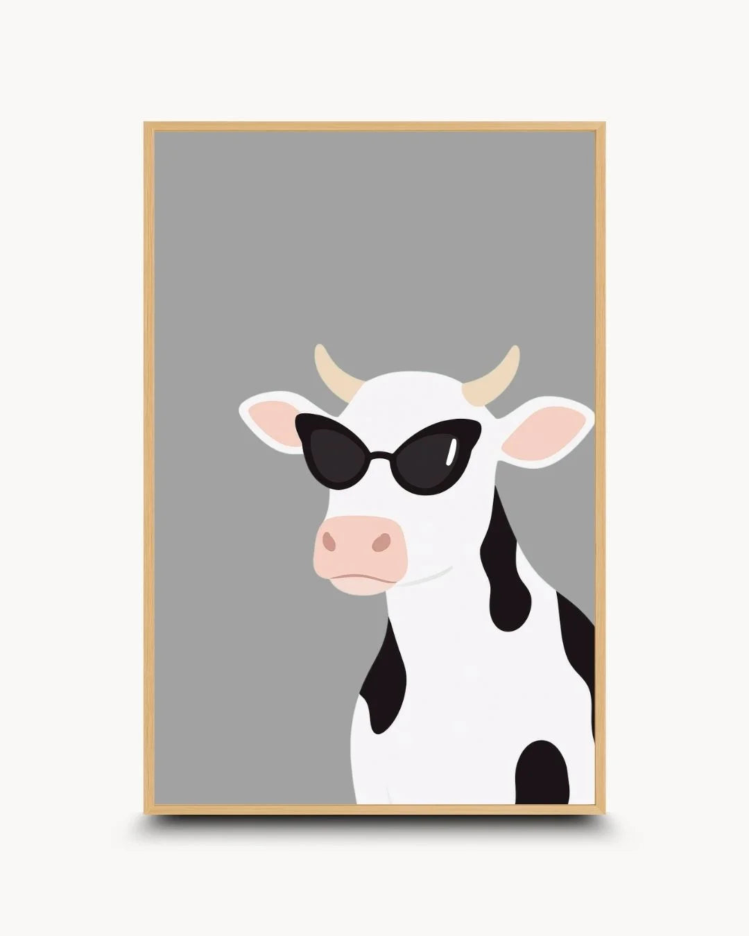 Fun cow with sunglasses flat art in a natural Maple Wood frame. Contemporary playful farm animal decor for light, airy interior spaces.