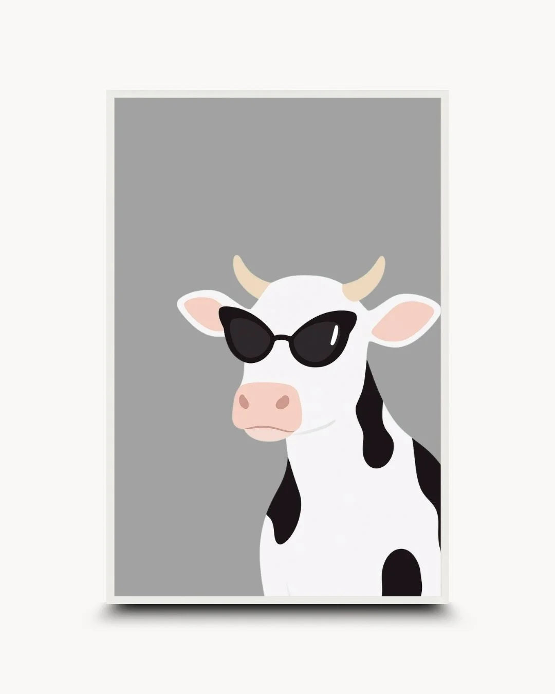 Playful: Farm - Cow art print in a Moon White frame. Clean, humorous cow icon with sunglasses for minimalist nurseries or contemporary kitchens.