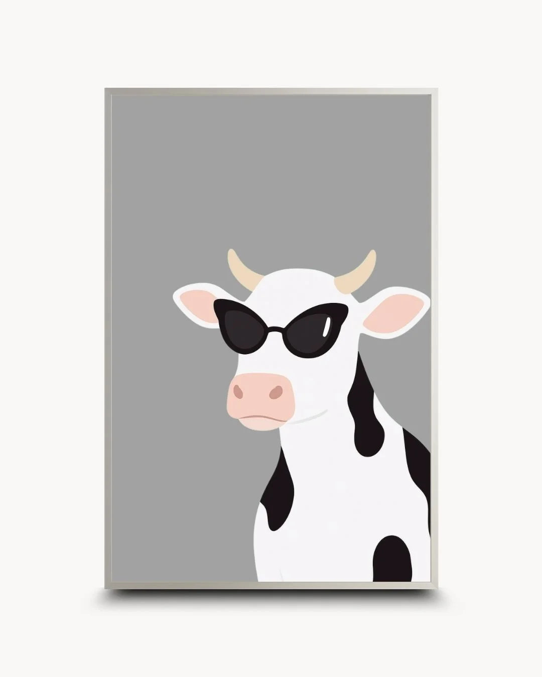 Modern minimalist cow with sunglasses art in a sleek Satin Silver frame. Sophisticated, humorous animal wall art for trendy urban homes.