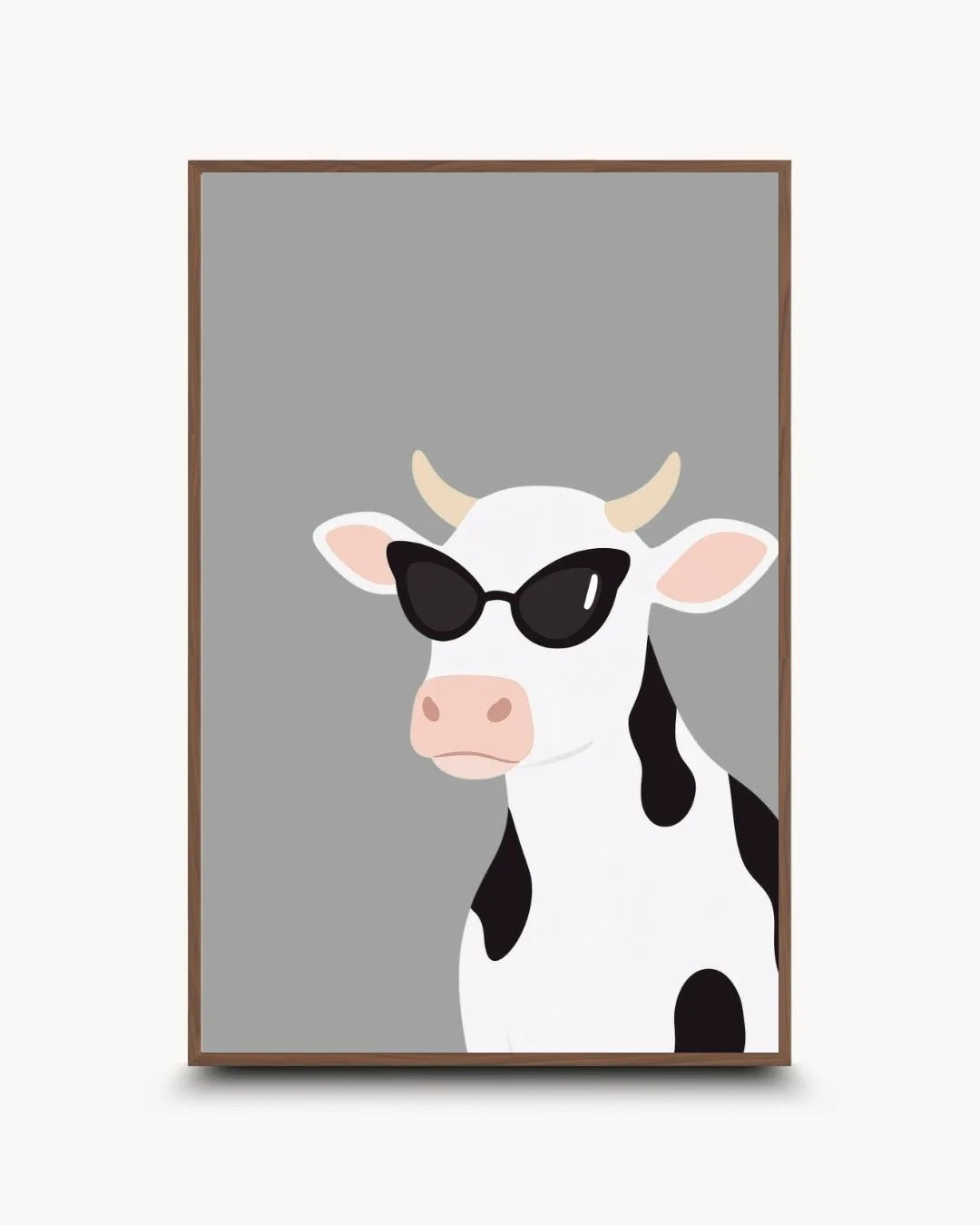 Humorous cow wearing sunglasses illustration in a sophisticated Walnut Wood frame. High-contrast quirky animal art for modern eclectic interiors.