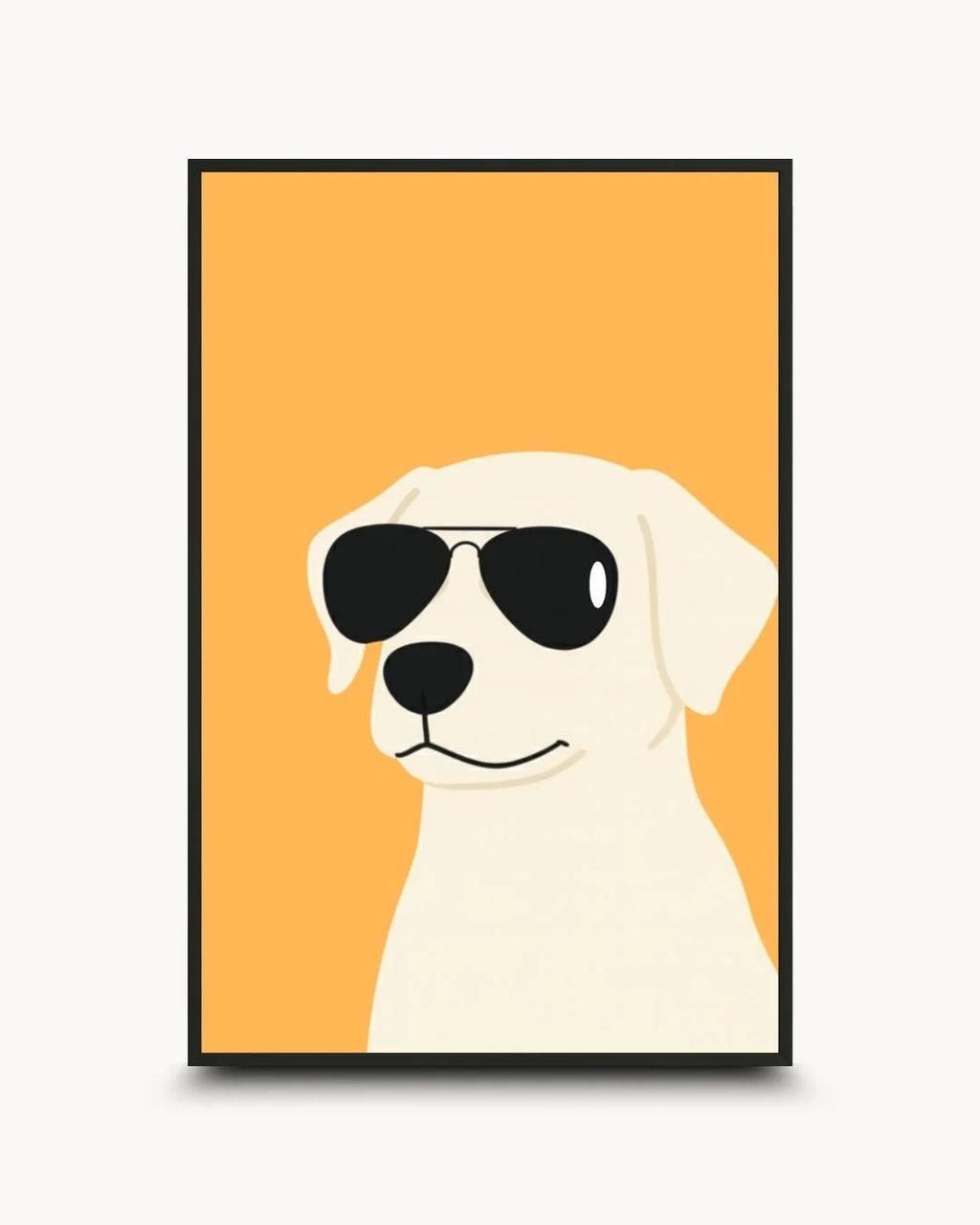 Minimalist illustration of a cream dog wearing black aviator sunglasses on an orange background in a 0.5-inch Noir Black frame. Fun, quirky animal wall art.