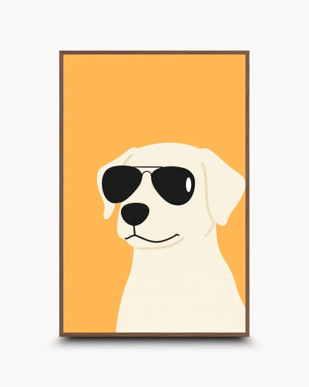 Humorous dog wearing sunglasses illustration in a sophisticated Walnut Wood frame. High-contrast quirky animal art for modern kid's rooms.
