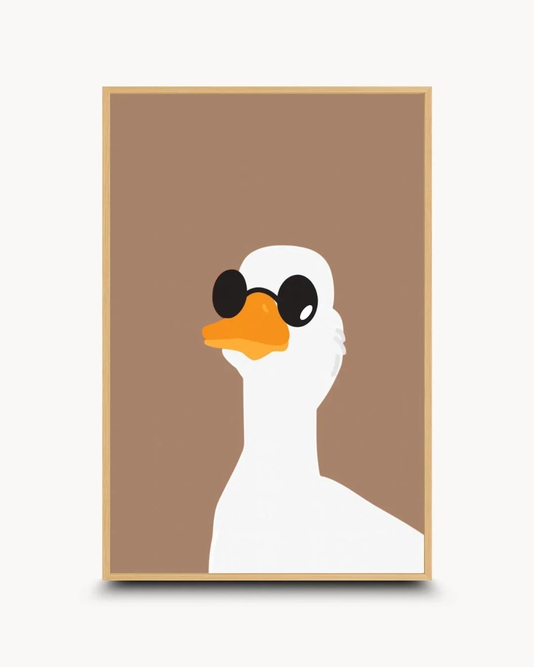 Fun duck with round sunglasses flat art in a natural Maple Wood frame. Contemporary playful farm animal decor for warm, earthy interior spaces.