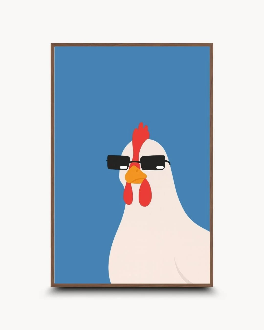 Humorous hen wearing sunglasses illustration in a sophisticated Walnut Wood frame. High-contrast quirky animal art for modern eclectic interiors.