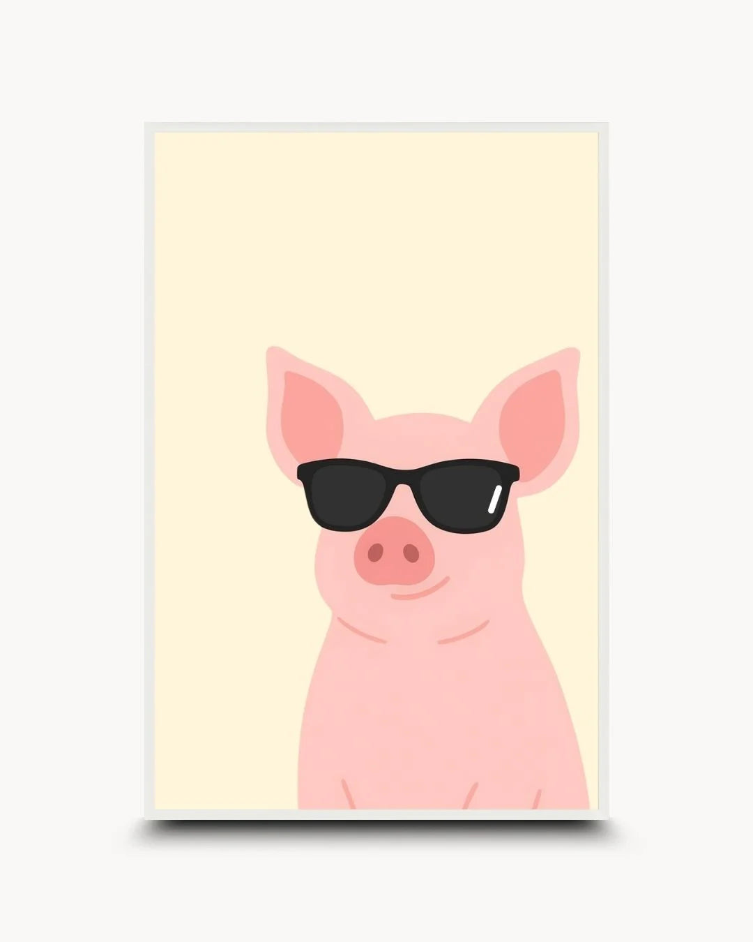 Playful: Farm - Pig art print in a Moon White frame. Clean, humorous pink pig icon on a cream background for minimalist nurseries or kitchens.