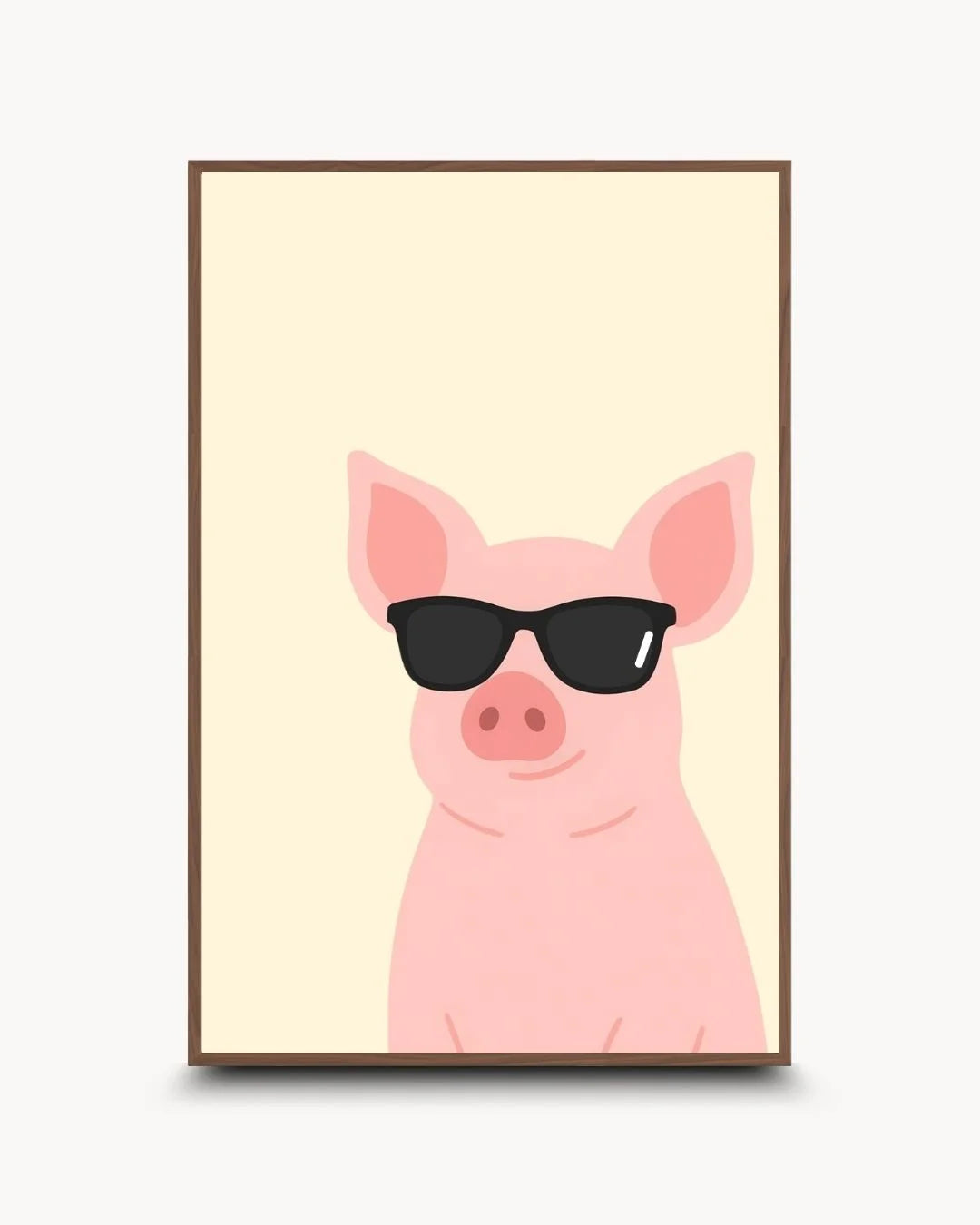 Humorous pig wearing sunglasses illustration in a sophisticated Walnut Wood frame. High-contrast quirky farm animal art for premium interiors.