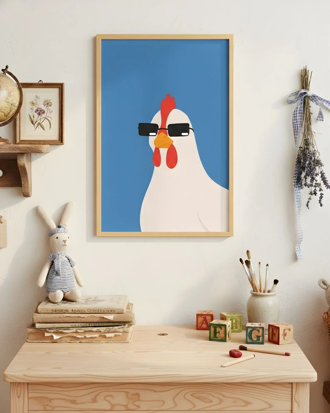 Playful hen with sunglasses print in a 0.5-inch Maple Wood frame, styled in a light-filled nursery with wooden toys and a bunny plush.