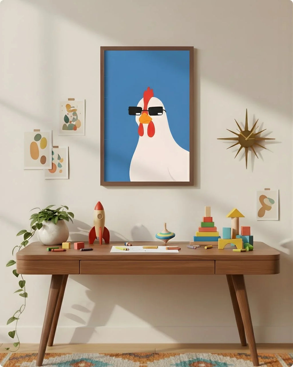 Large (Size L - 24x16in) hen with sunglasses art in a Walnut Wood frame, demonstrating scale above a modern wood desk with a retro starburst clock.