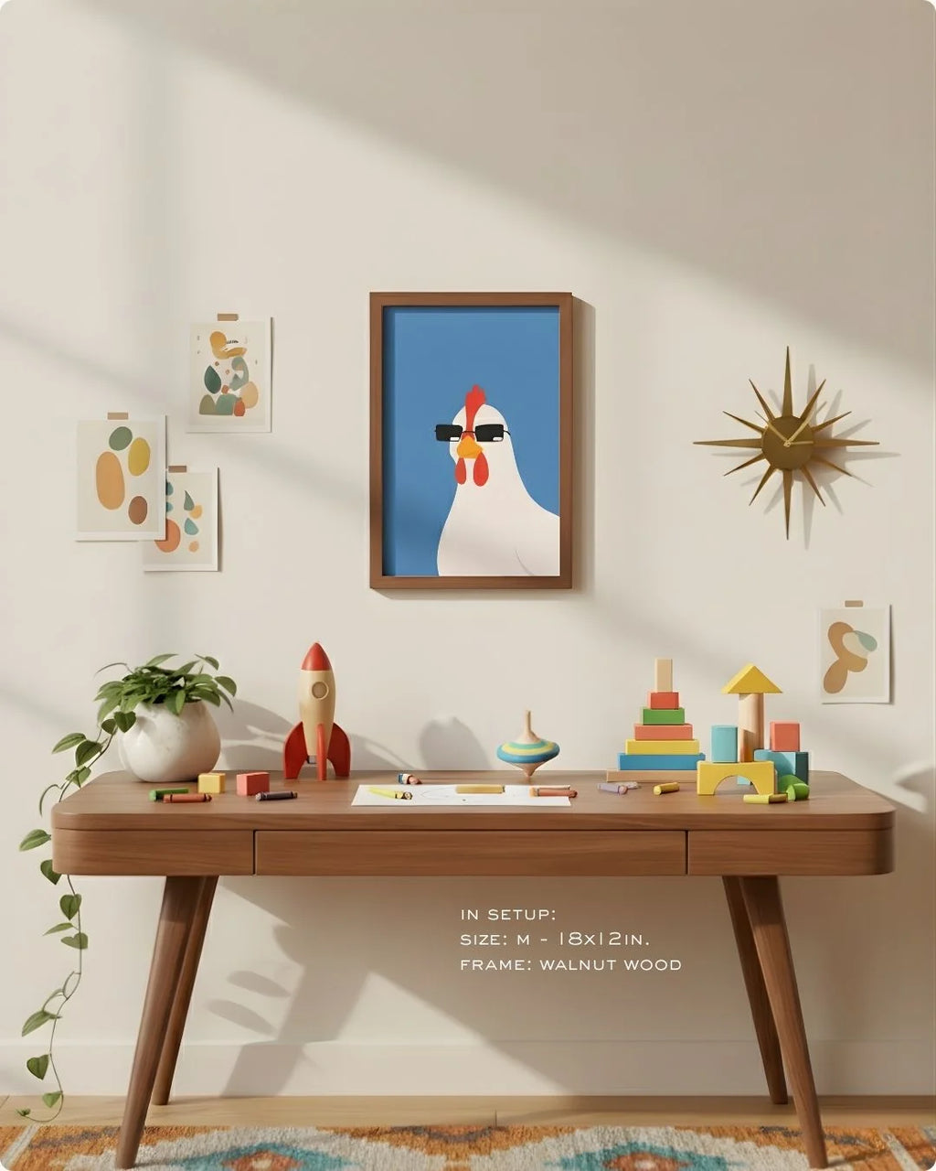 Medium (Size M - 18x12in) quirky hen print in a Walnut Wood frame, showing the ideal scale for a compact home office or eclectic study nook.