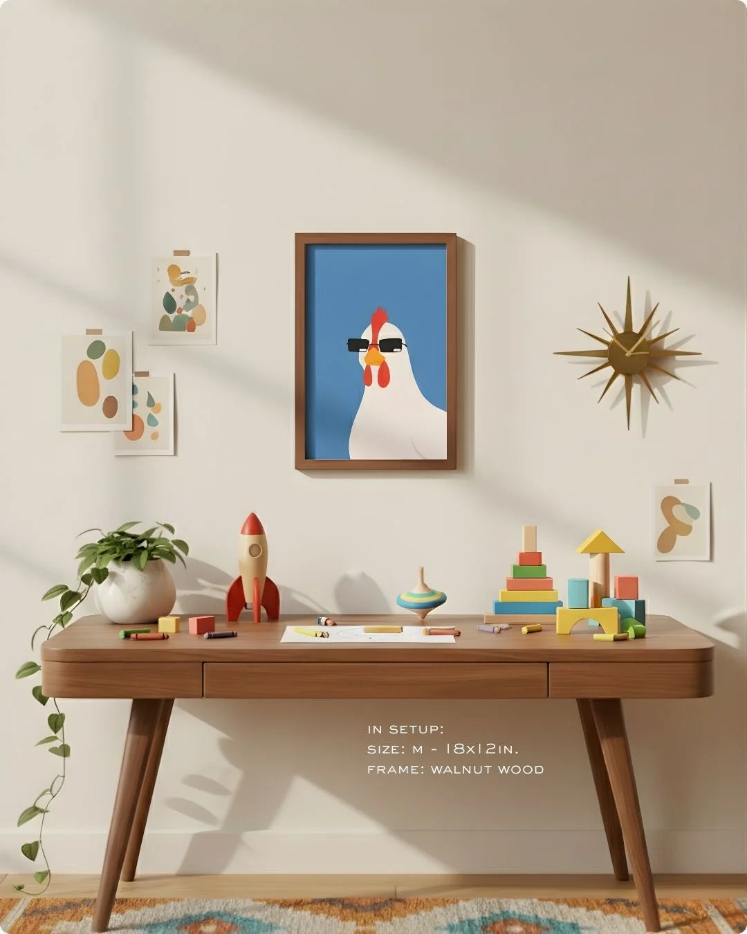 Medium (Size M - 18x12in) quirky hen print in a Walnut Wood frame, showing the ideal scale for a compact home office or eclectic study nook.