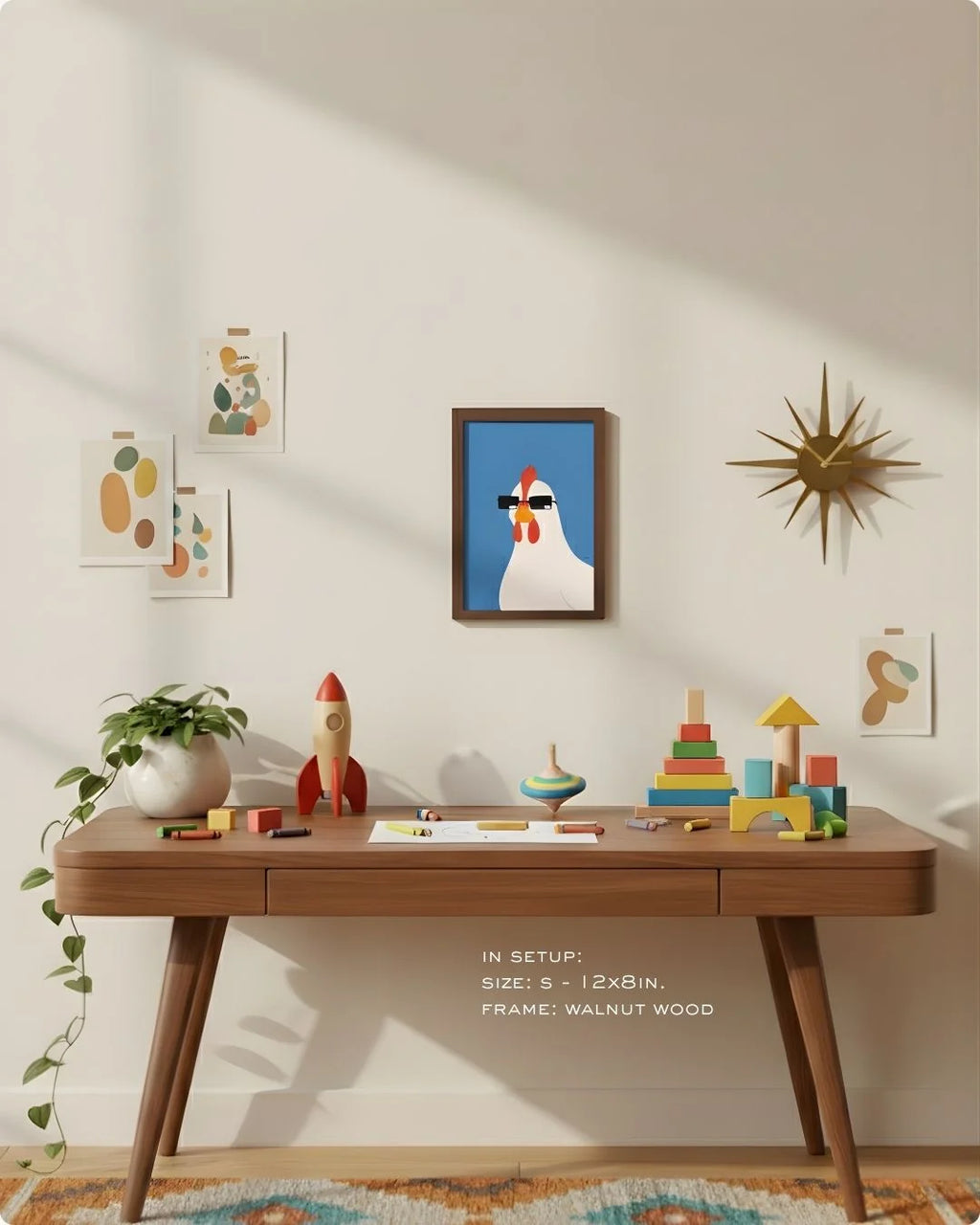 Small (Size S - 12x8in) playful hen art in a Walnut Wood frame. A refined, humorous accent for desk styling or a small gallery wall.
