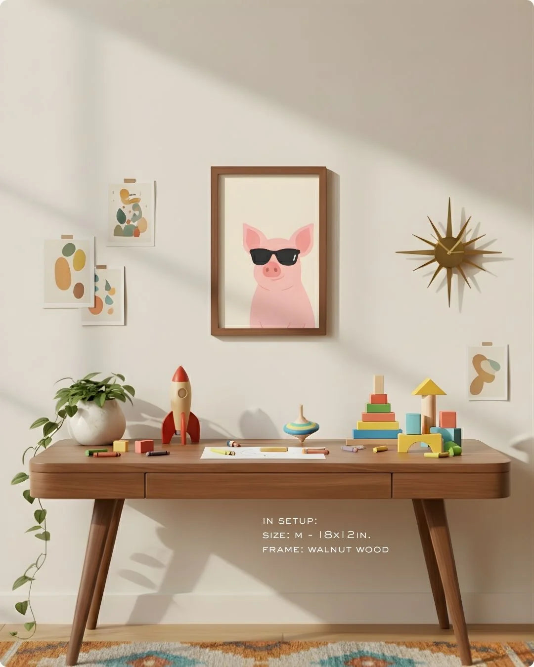 Medium (Size M - 18x12in) quirky pig print in a Walnut Wood frame, showing the ideal scale for a compact home office or study nook.