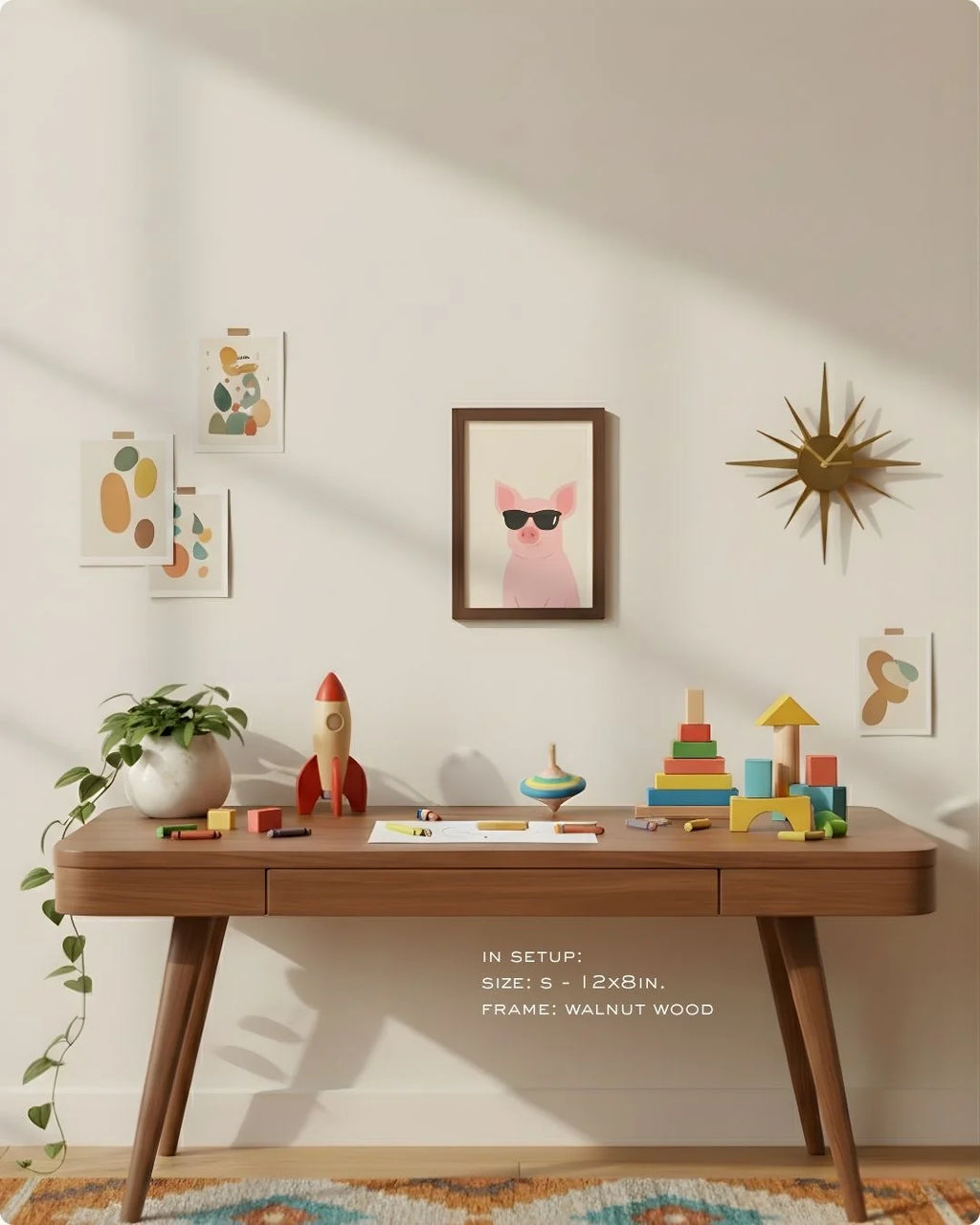 Small (Size S - 12x8in) playful pig art in a Walnut Wood frame. A refined, humorous accent for shelf styling or a small gallery wall.