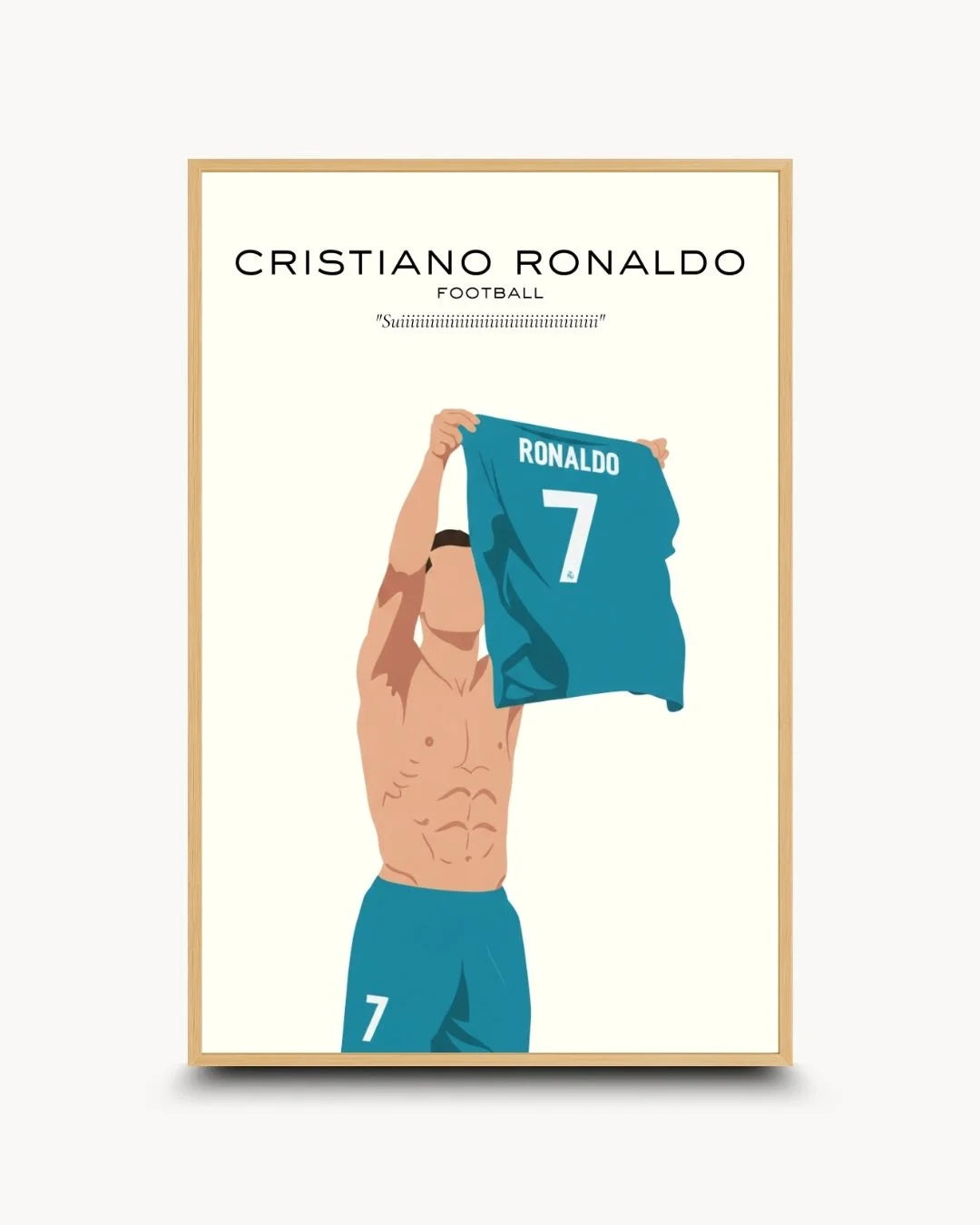 Iconic Cristiano Ronaldo flat art in a natural Maple Wood frame. Contemporary football-inspired decor for modern, light-filled spaces.