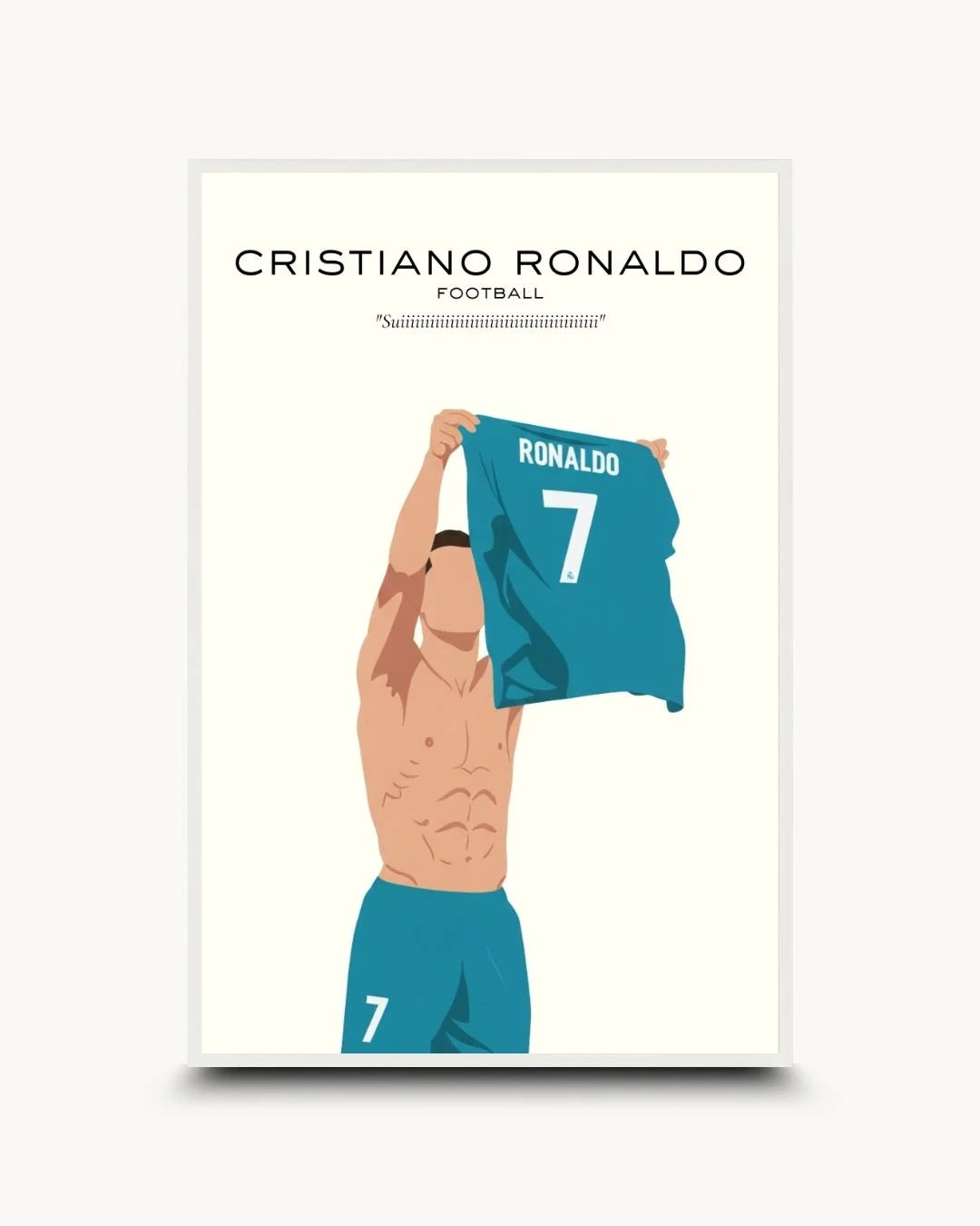 Pop Culture: Icons - Cristiano Ronaldo art print in a Moon White frame. Clean, minimalist CR7 silhouette on a cream background with his iconic victory chant.