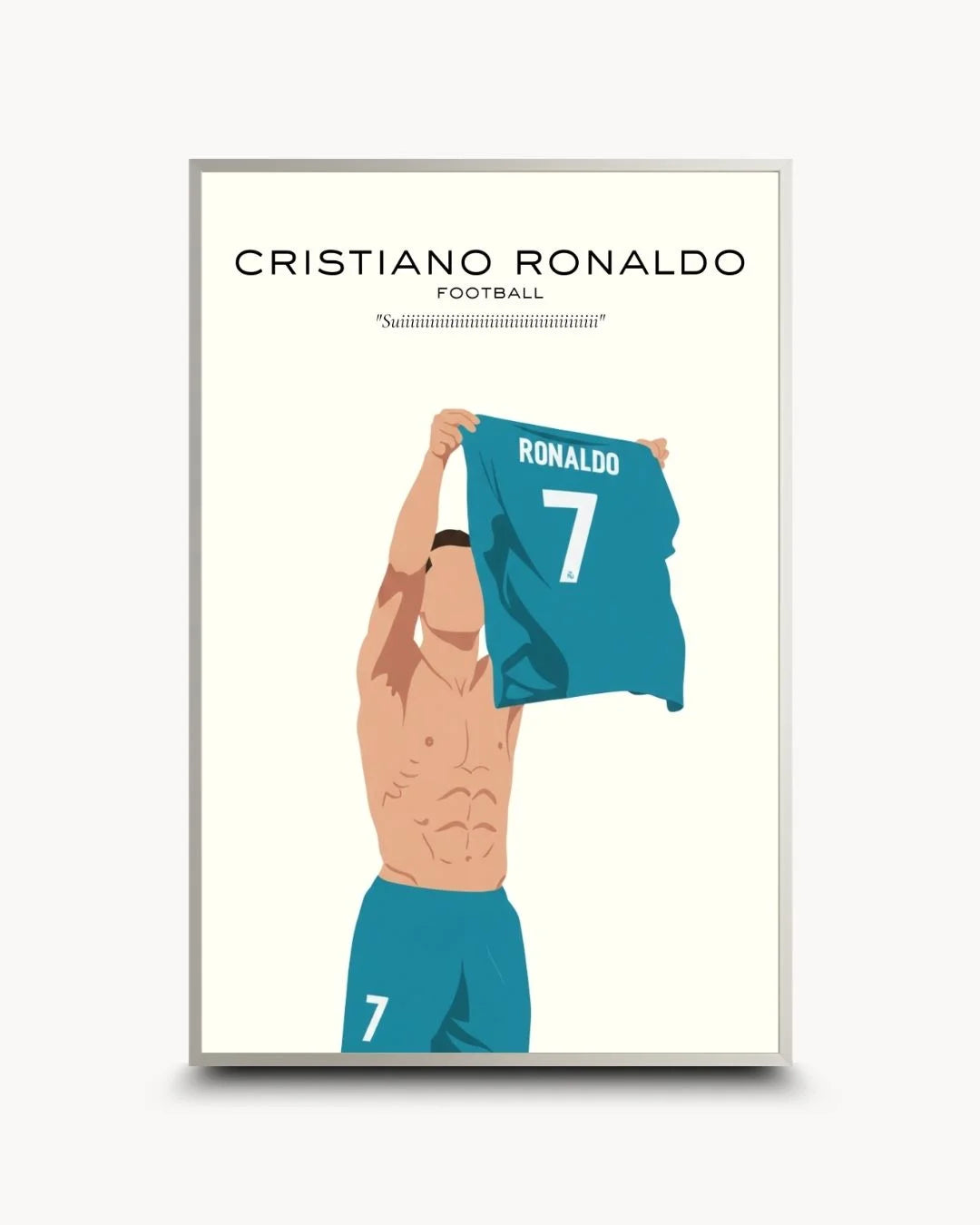 Modern minimalist Cristiano Ronaldo art in a sleek Satin Silver frame. Stylish and professional sports icon wall decor for urban homes.