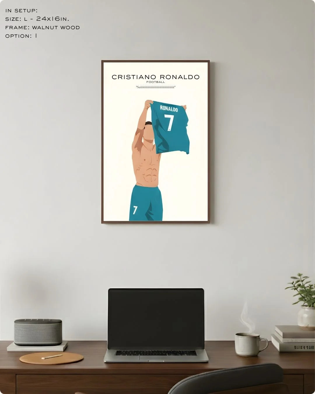 Large (Size L - 24x16in) Cristiano Ronaldo minimalist sports art in a Walnut Wood frame, showing the ideal scale for a professional office wall setup.