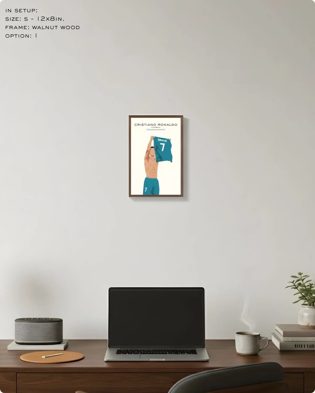 Small (Size S - 12x8in) Cristiano Ronaldo art print in a Walnut Wood frame. A refined, athletic accent for shelf styling or a minimalist gallery wall.