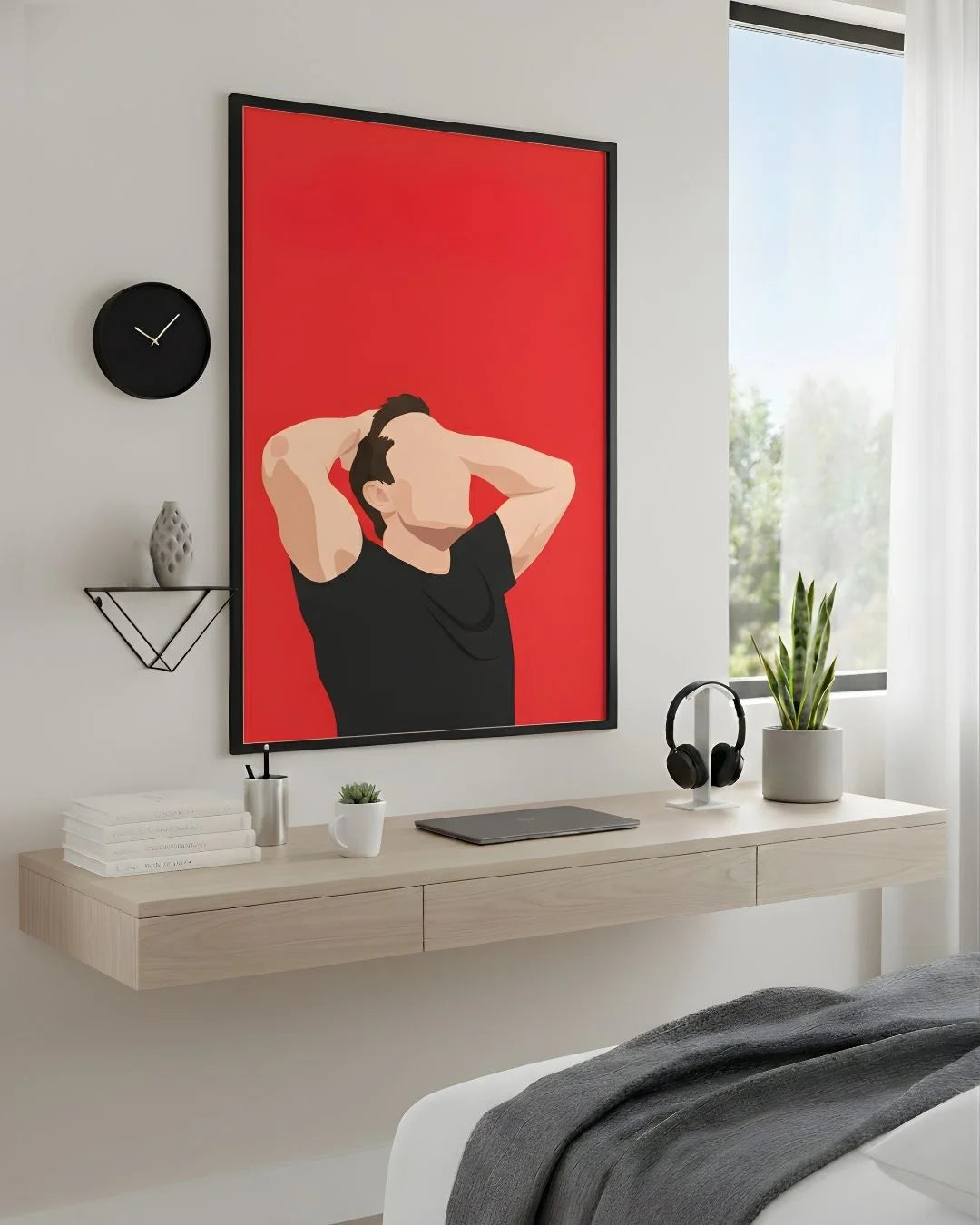 Minimalist Elon Musk tech print in an XL Noir Black frame (24x36in) styled above a light wood floating desk in a modern bedroom-office.