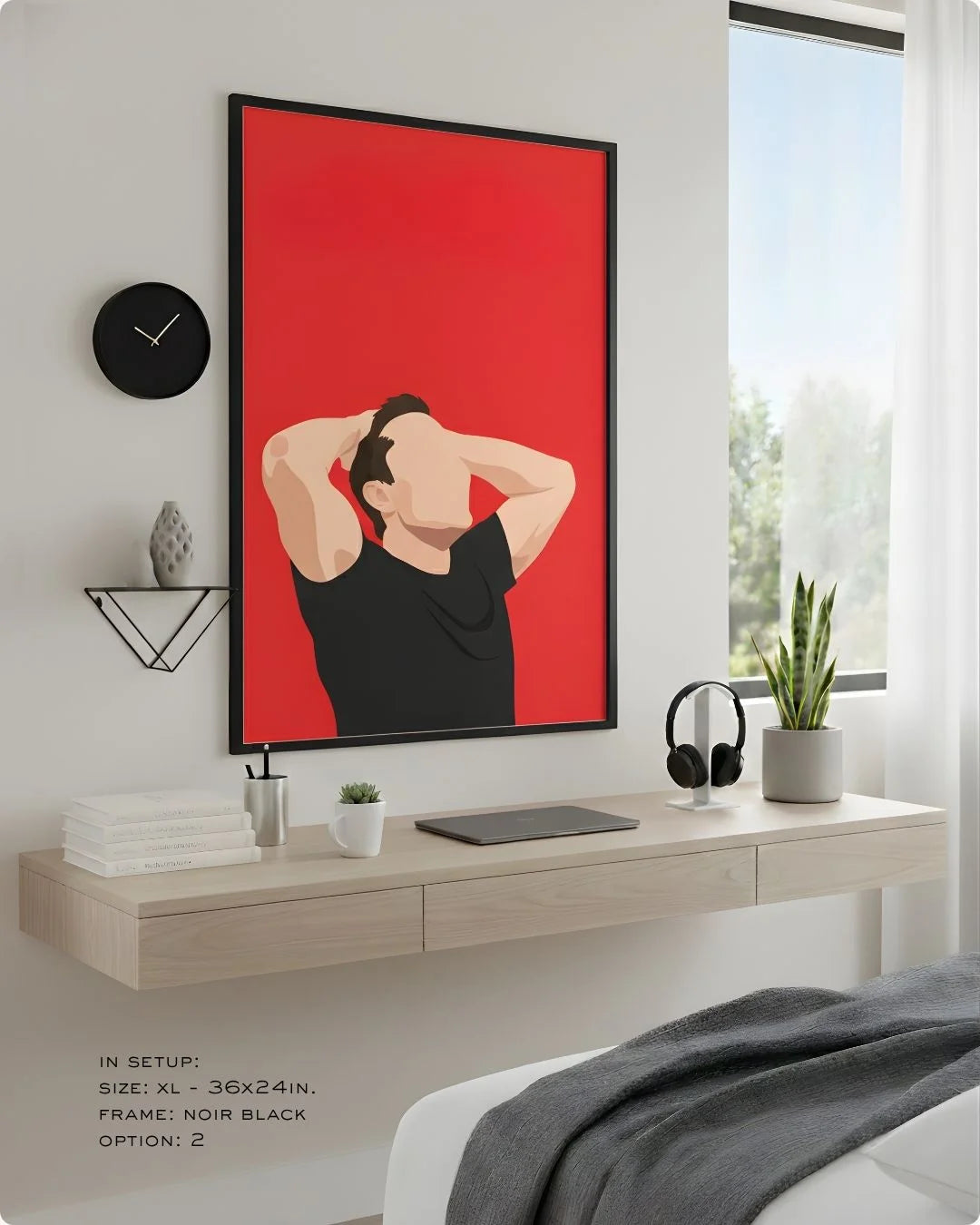 Minimalist Elon Musk tech print in an XL Noir Black frame (24x36in) styled above a light wood floating desk in a modern bedroom-office.