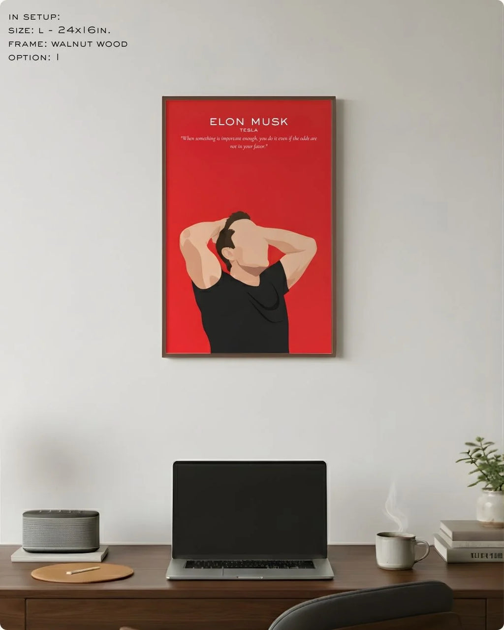 Large (Size L - 24x16in) Elon Musk minimalist innovator art in a Walnut Wood frame, showing the ideal scale for a professional office wall setup.