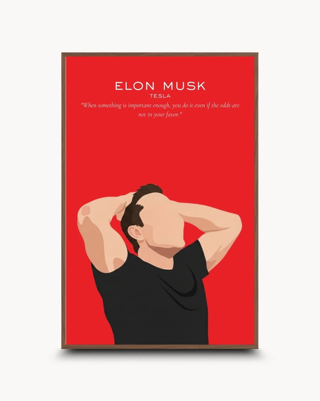Sophisticated Elon Musk illustration in a Walnut Wood frame. High-contrast minimalist innovator art for premium office interiors.