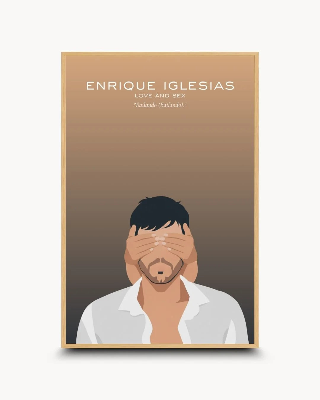Iconic Enrique Iglesias flat art in a natural Maple Wood frame. Contemporary music-inspired decor for modern, light interiors.