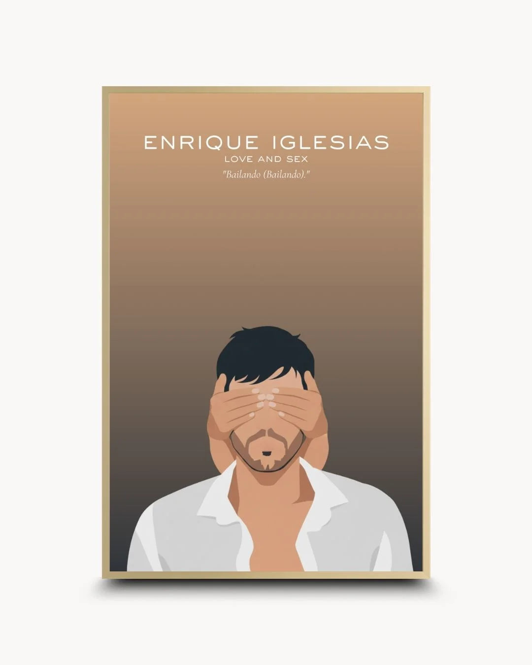 Luxury Enrique Iglesias silhouette in a Satin Gold frame. Premium pop culture wall art for music fans by K2C Co.