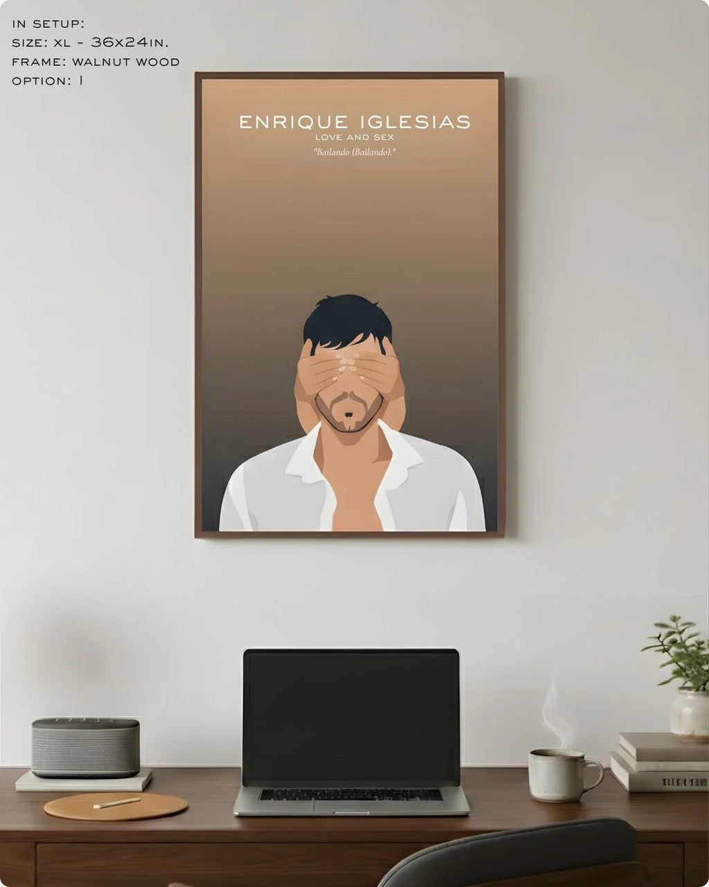 Extra Large (Size XL - 24x36in) Enrique Iglesias illustration in a premium Walnut Wood frame, demonstrating scale above a modern dark wood desk.