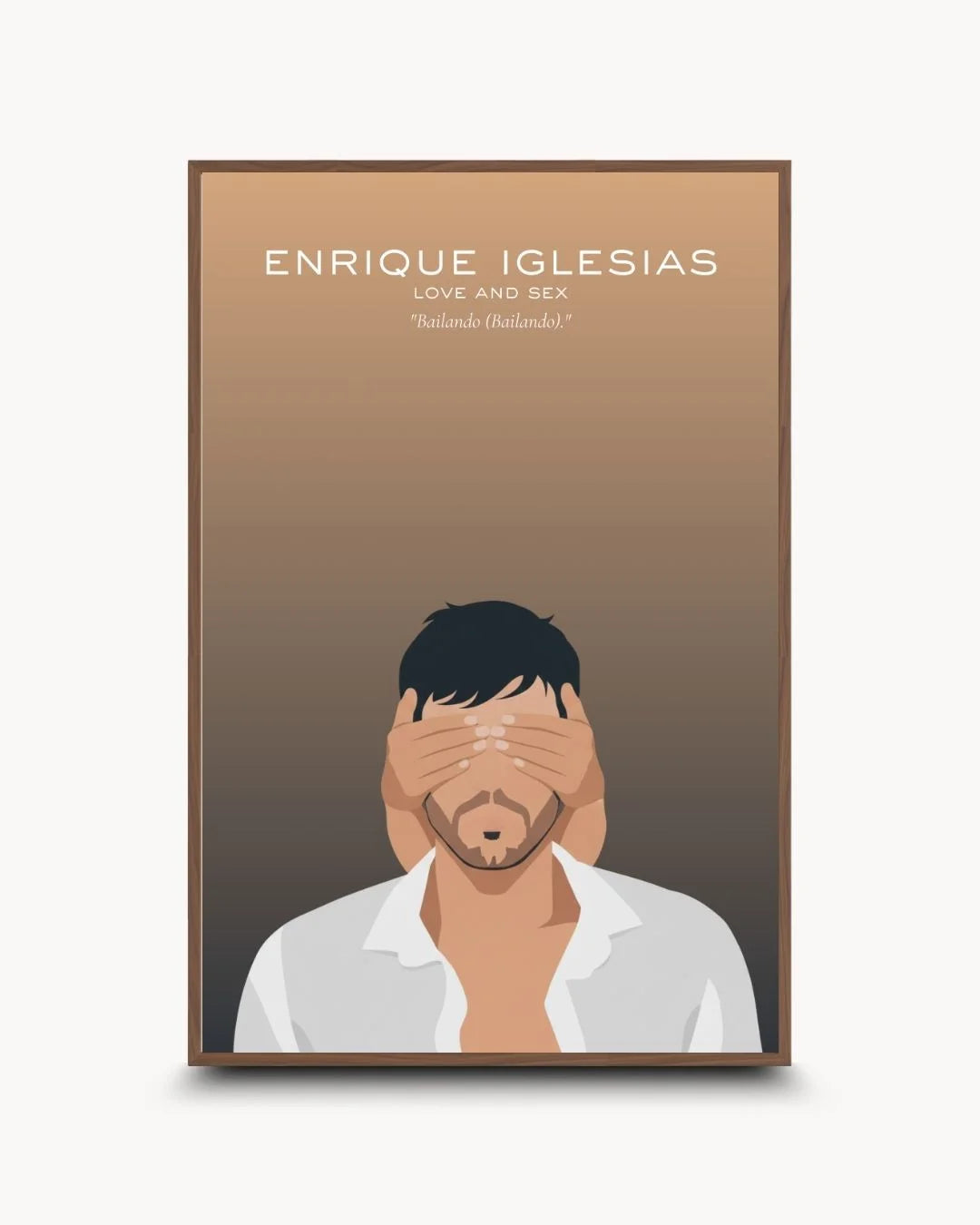 Sophisticated Enrique Iglesias minimalist illustration in a Walnut Wood frame. High-contrast music-themed wall art for premium home offices.