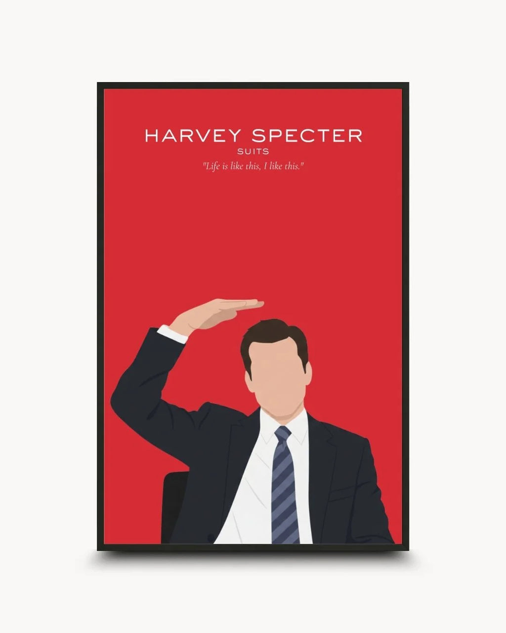 Minimalist illustration of Harvey Specter from Suits in a 0.5-inch Noir Black frame. Featuring his iconic salute pose on a bold red background.