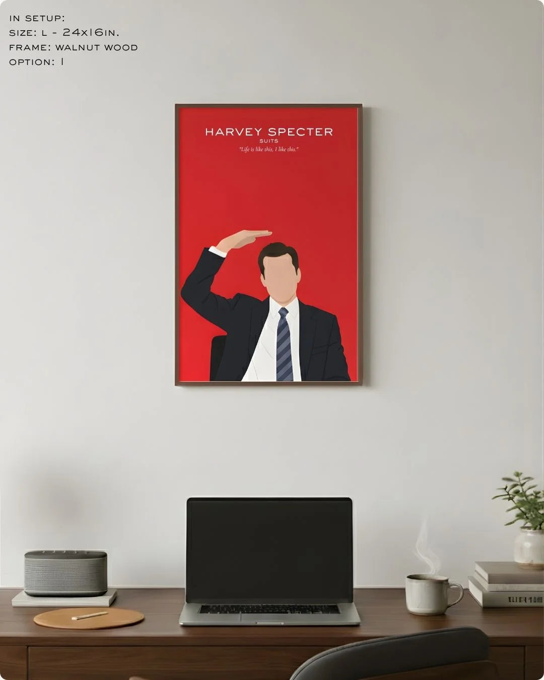 Large (Size L - 24x16in) Harvey Specter minimalist TV icon art in a Walnut Wood frame, showing the ideal scale for a professional office wall setup.