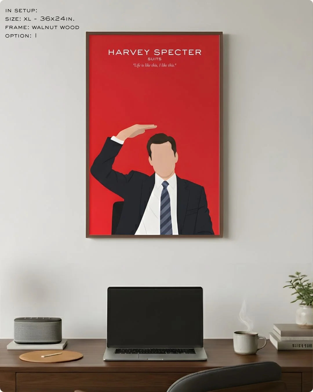 Extra Large (Size XL - 24x36in) Harvey Specter illustration in a premium Walnut Wood frame, demonstrating scale above a modern dark wood desk.
