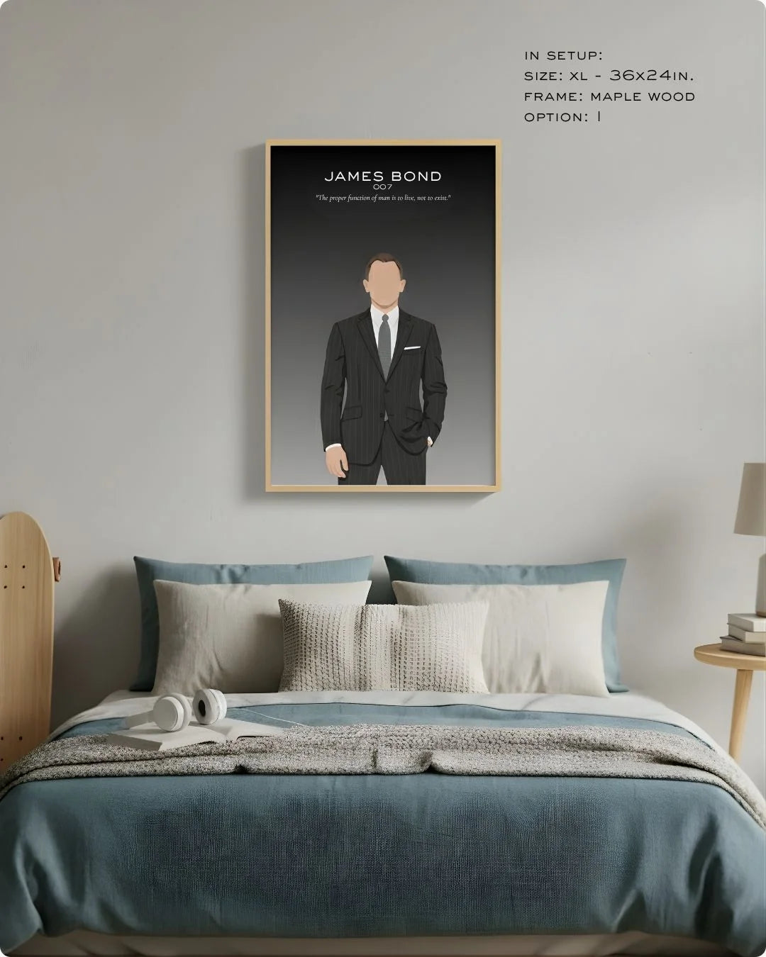 James Bond art print in a natural Maple Wood frame, styled as a sophisticated focal point above a bed in a serene neutral bedroom.