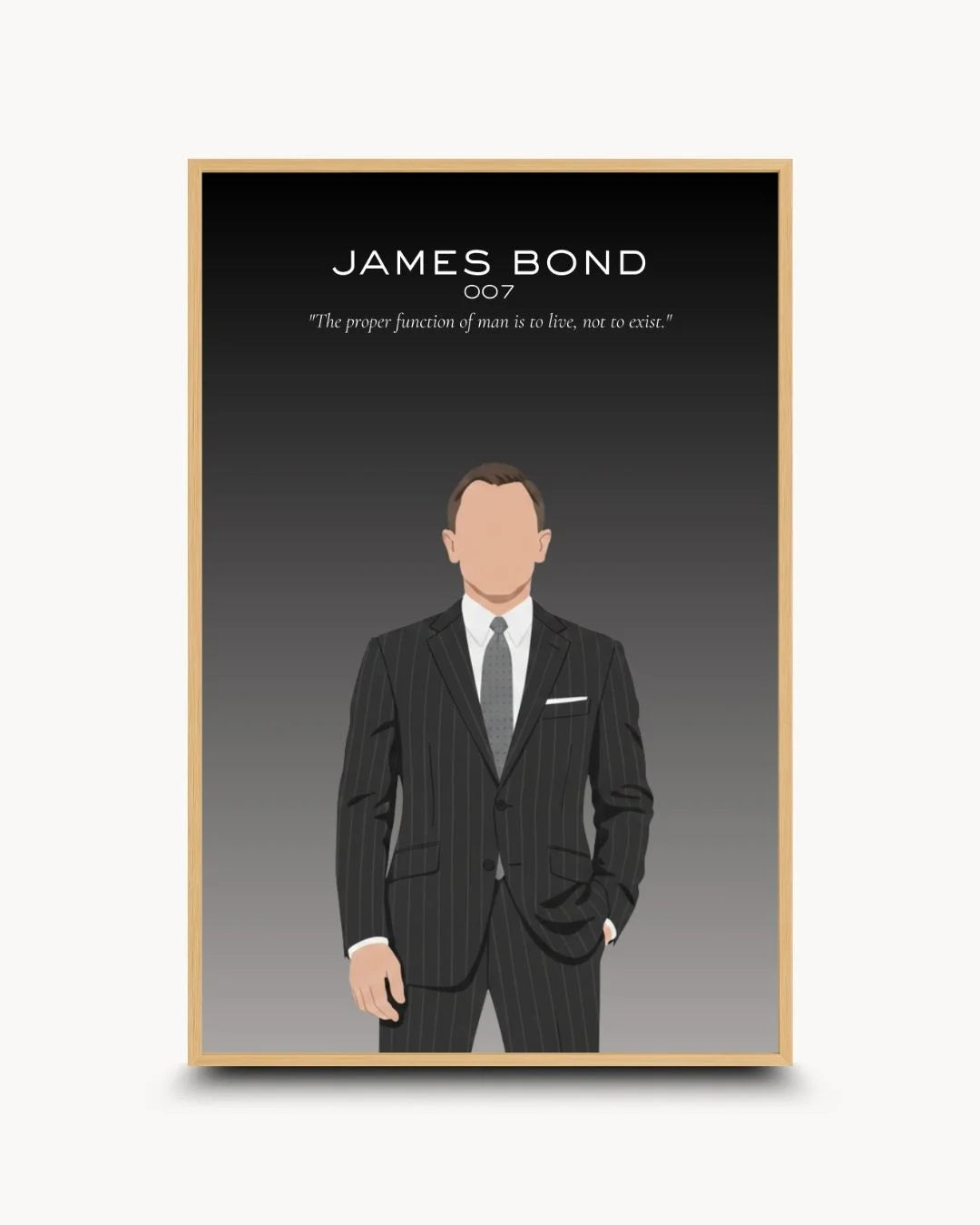 Iconic James Bond 007 flat art in a natural Maple Wood frame. Contemporary cinema-inspired decor for modern, light interiors.