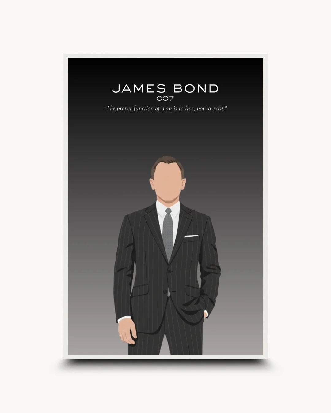 Pop Culture: Icons - James Bond art print in a Moon White frame. Minimalist secret agent silhouette with a quote on living vs. existing.