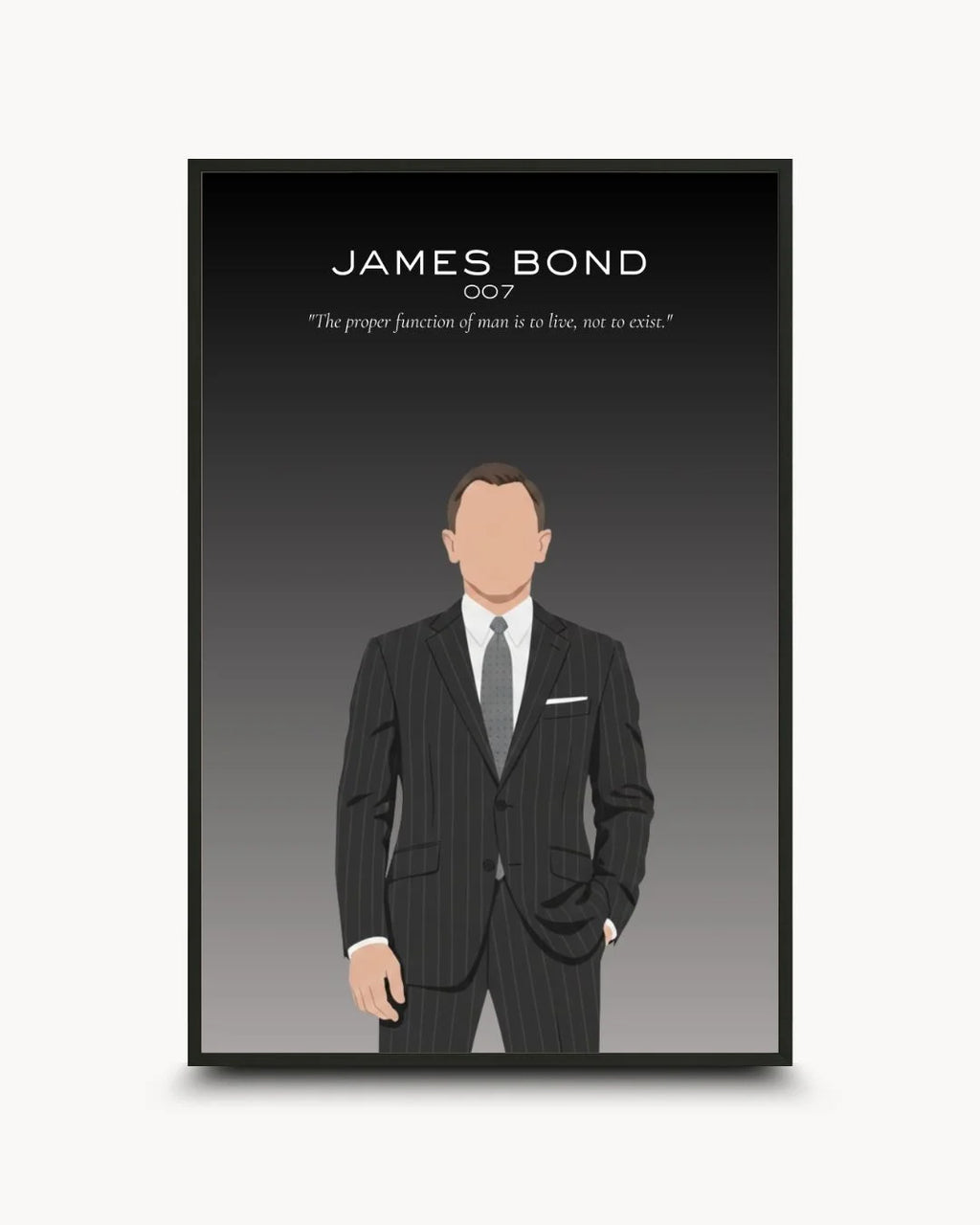 Minimalist James Bond 007 illustration in a pinstripe suit, framed in a 0.5-inch Noir Black frame. Features a dark gradient background and a philosophical quote.
