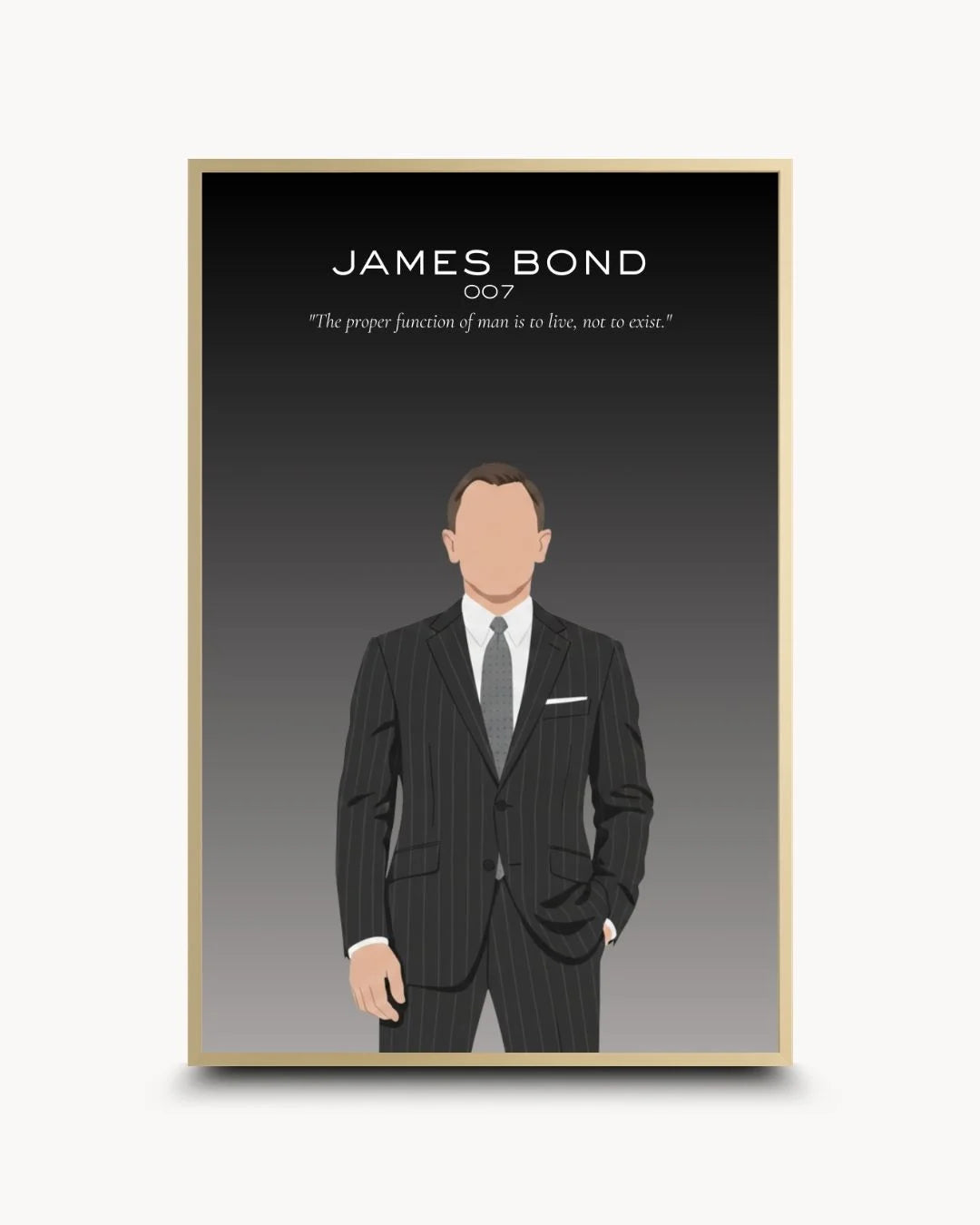 Luxury James Bond 007 silhouette in a Satin Gold frame. Premium pop culture wall art for collectors by K2C Co.