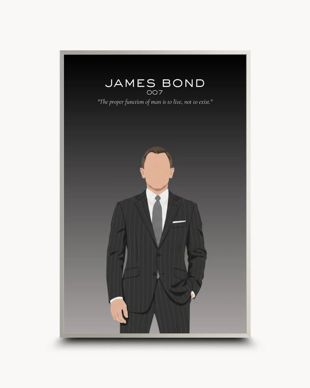 Modern minimalist James Bond art in a sleek Satin Silver frame. Professional and stylish secret agent wall decor for urban spaces.